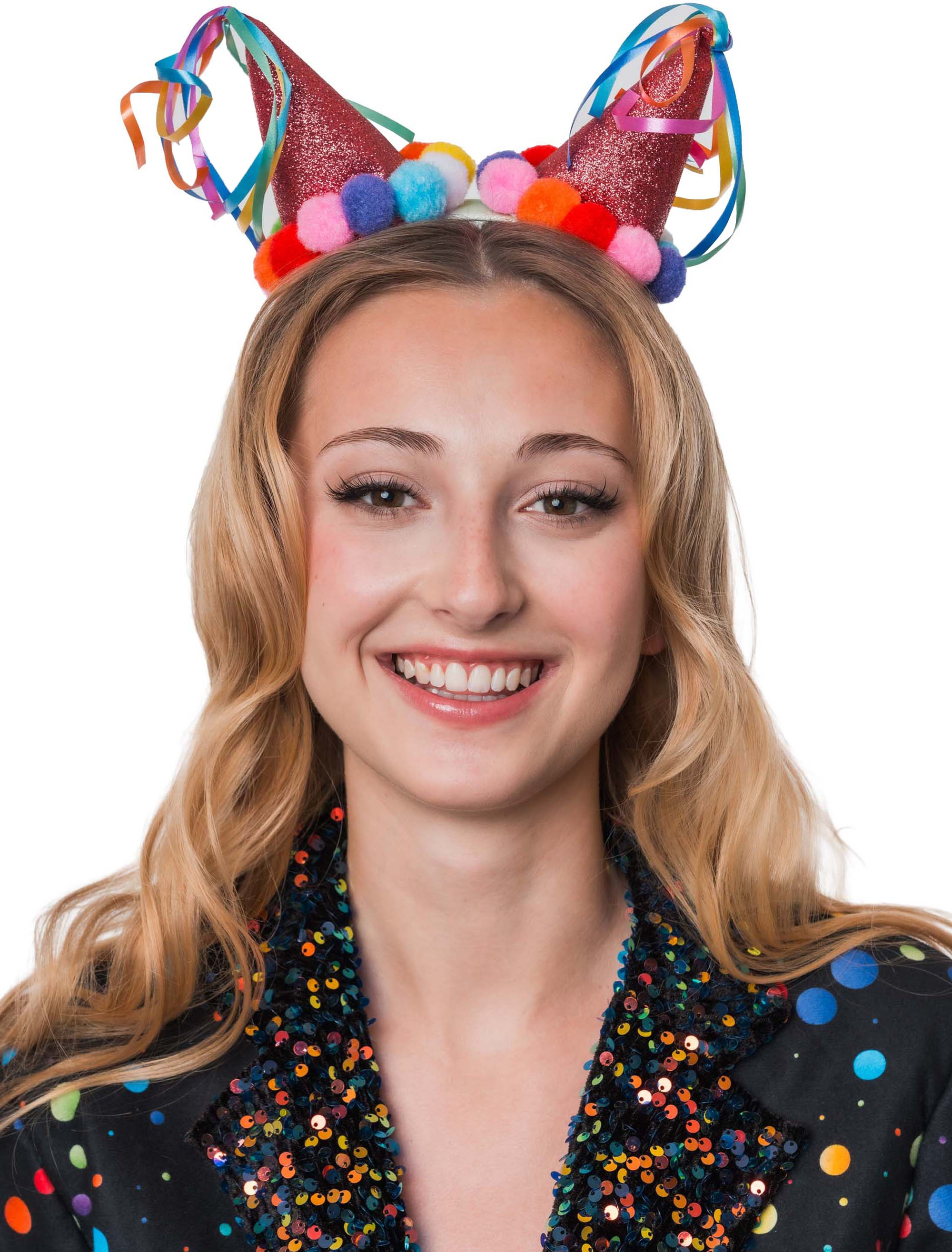 Haarreif Partyhütchen mit Pompoms bunt