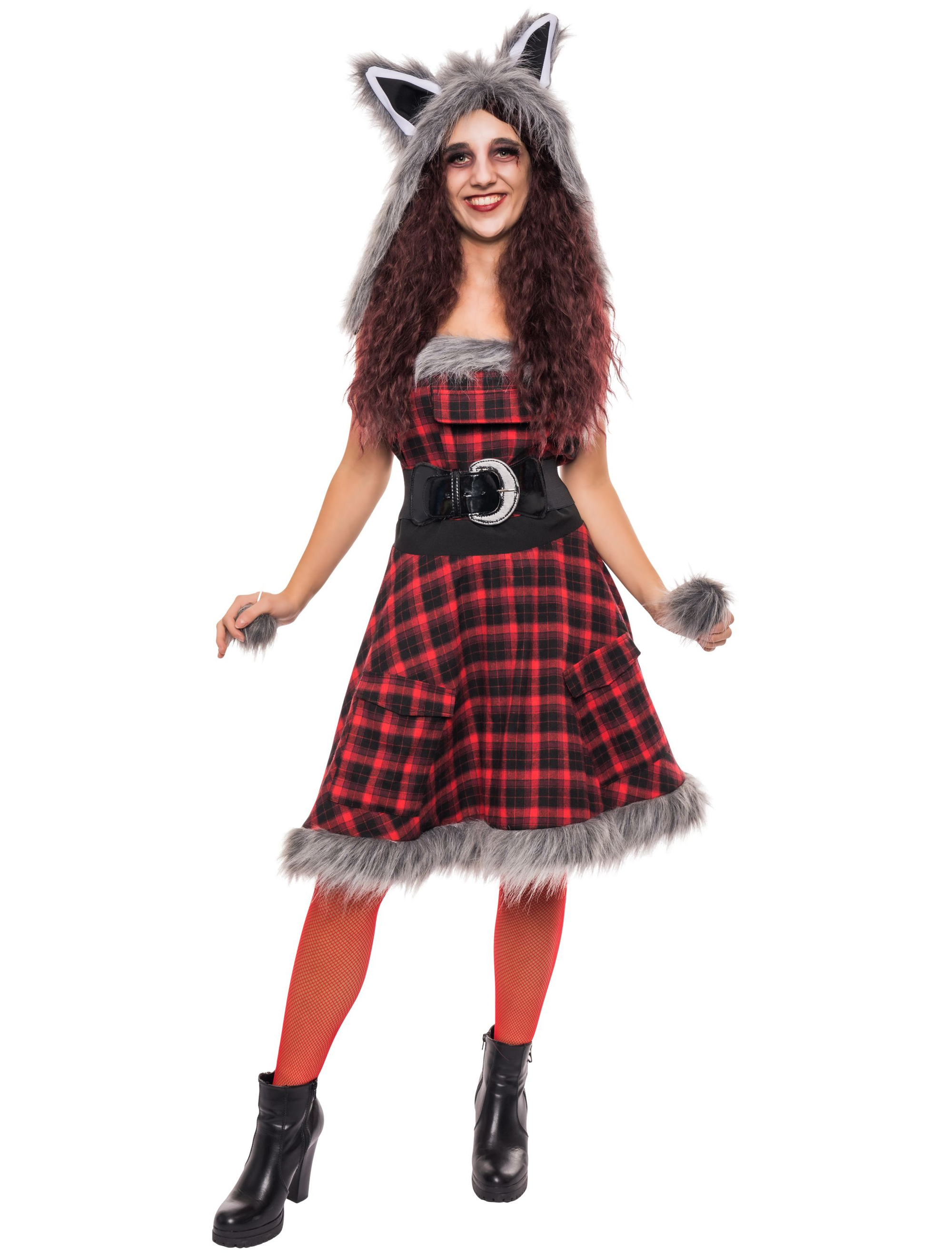 Kleid Wolf mit Kapuze Damen schwarz/rot XS