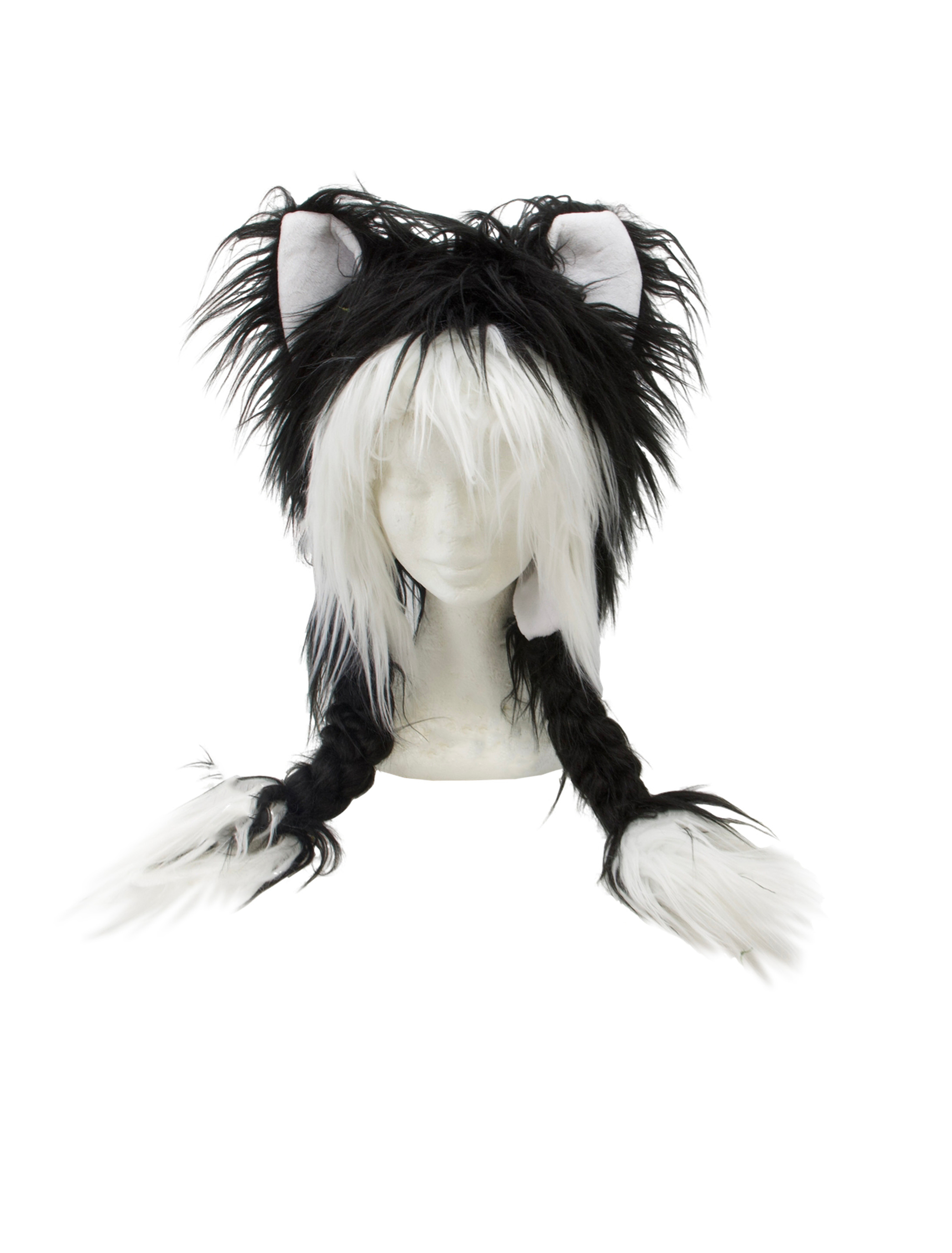 Mütze Katze mit geflochtenen Zöpfen schwarz/weiß one size