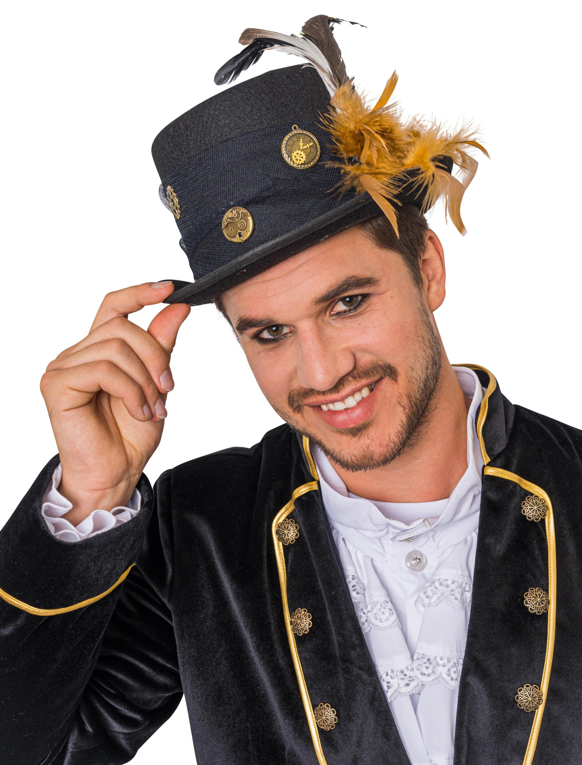Zylinder Steampunk mit Federn und Zahnrädern schwarz 57