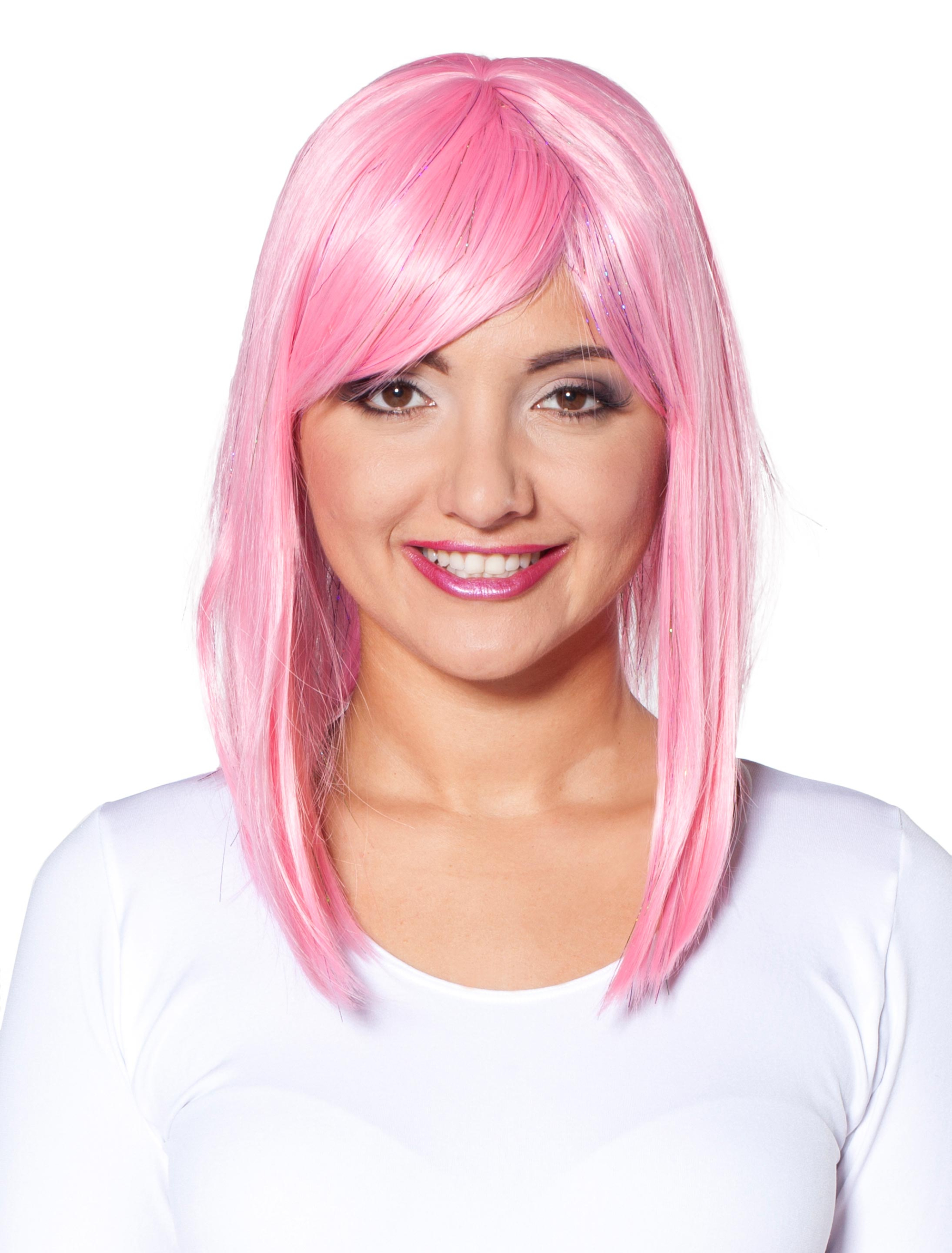 Perücke long Bob mit Pony pink one size