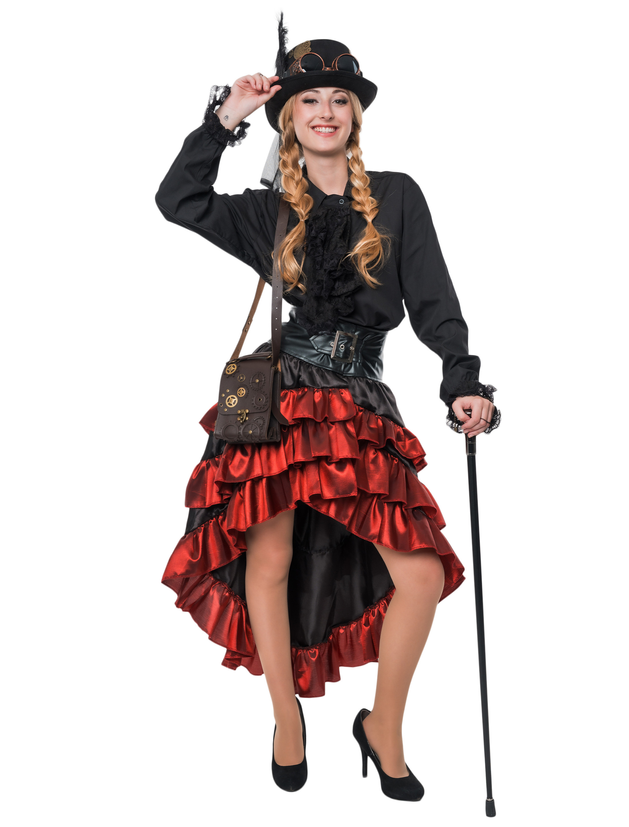Rock Steampunk mit Schnalle Damen schwarz/weinrot S/M