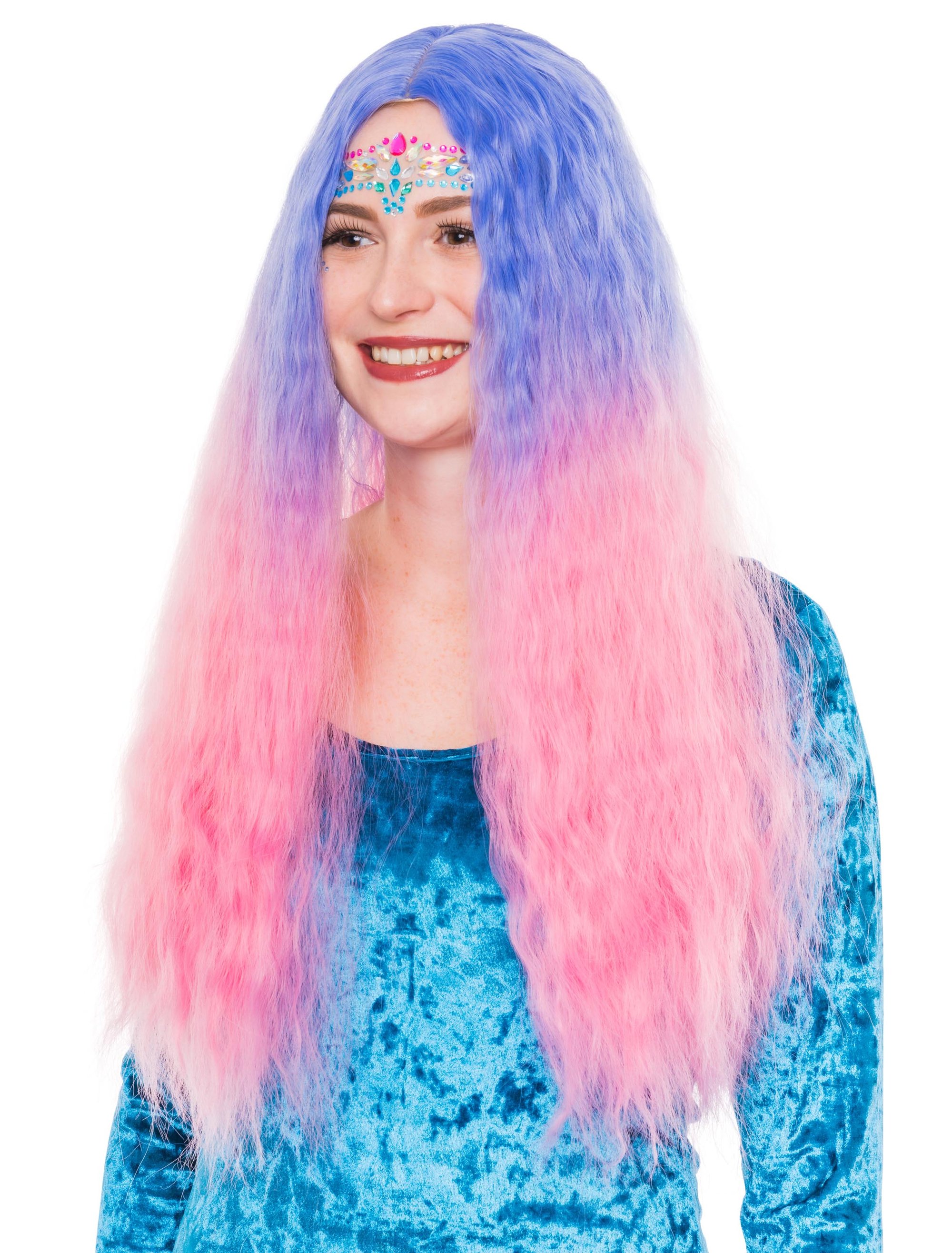 Perücke Langhaar blau/pink