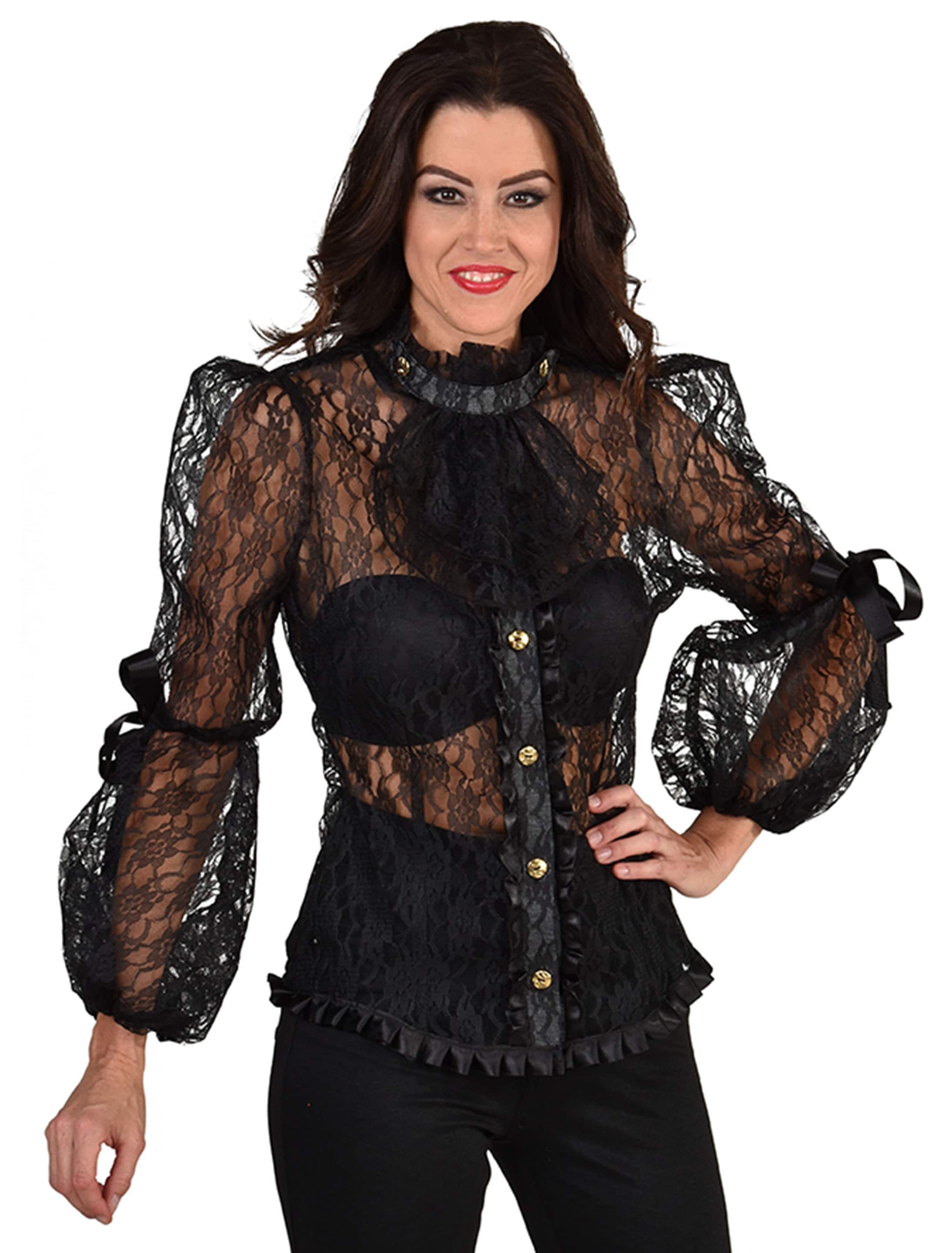 Bluse Gothic mit Spitzenärmeln Unifarben Damen schwarz S/M