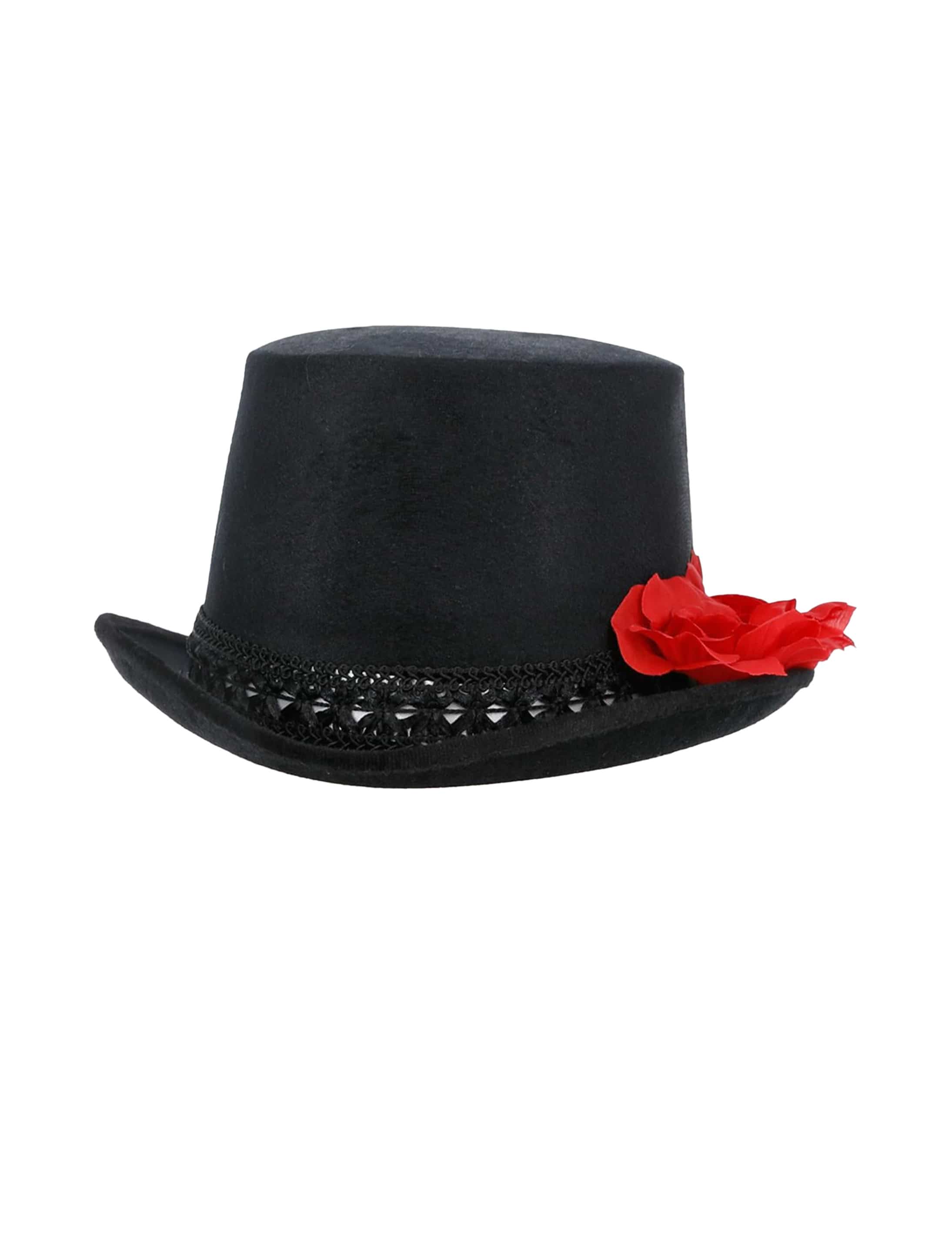 Zylinder mit 3 Blumen Damen schwarz/rot one size