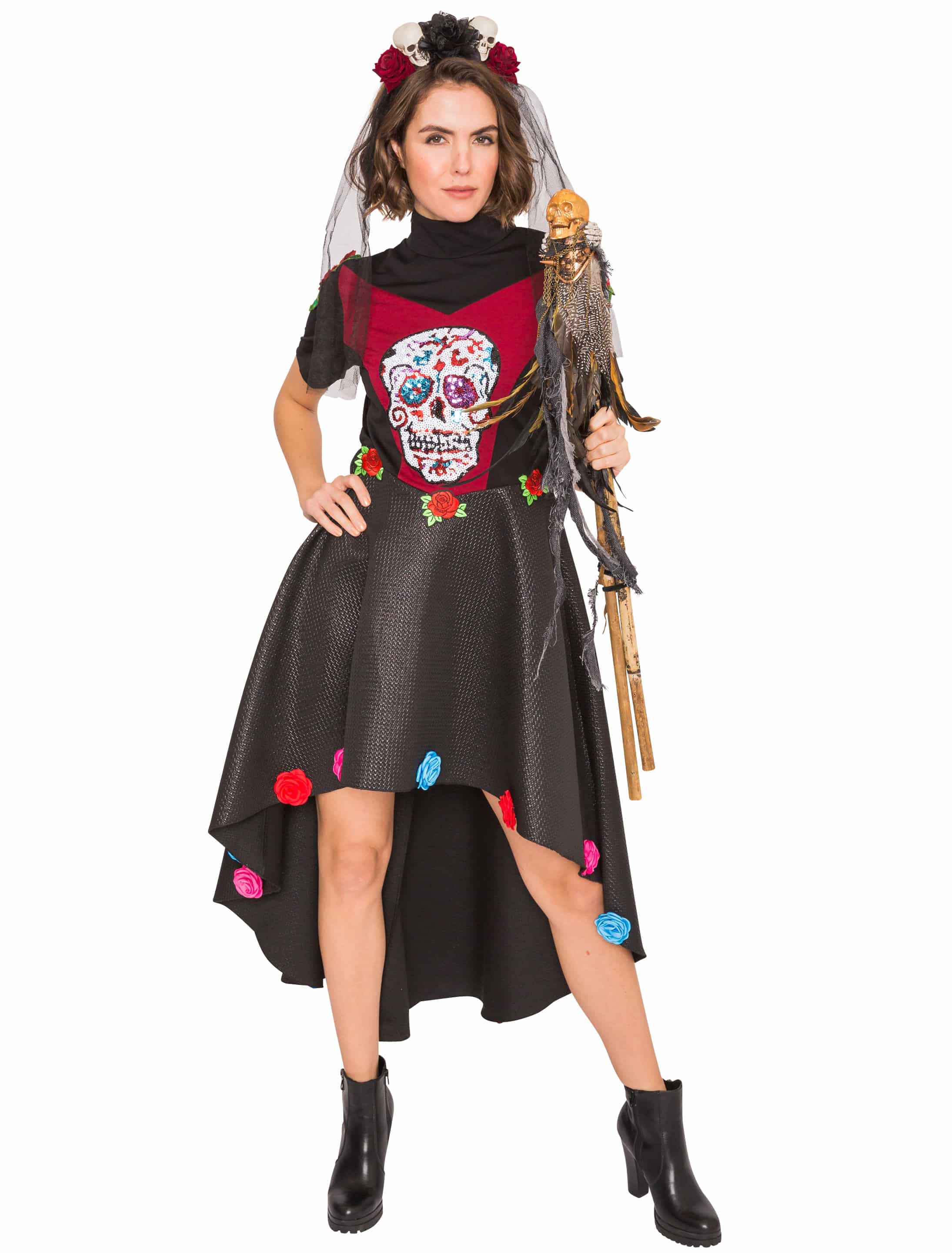 Kleid Dia de los Muertos Damen schwarz/rot L