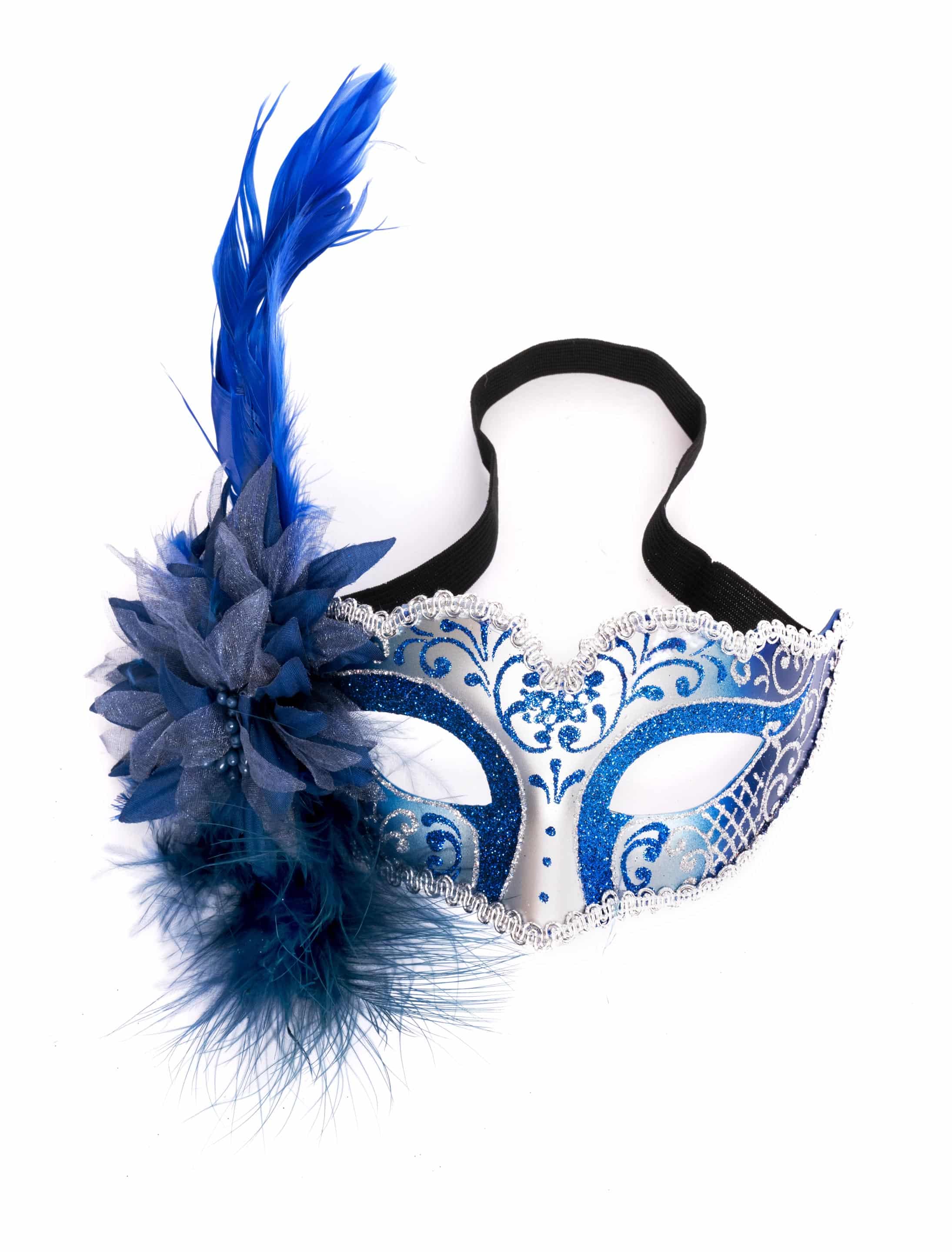 Augenmaske mit Blume und Feder blau/silber