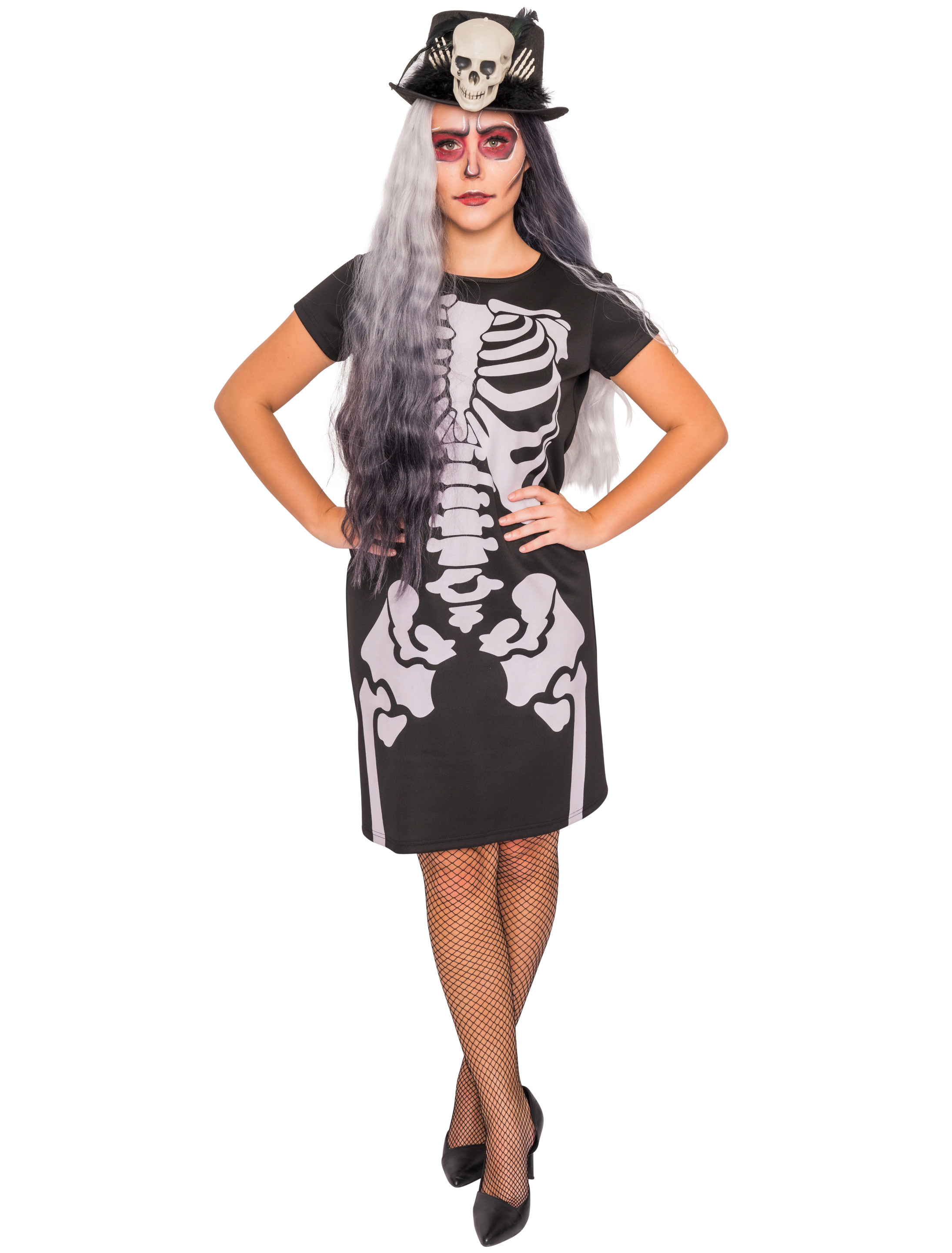 Kleid Damen mit Skelett schwarz 2XL/3XL