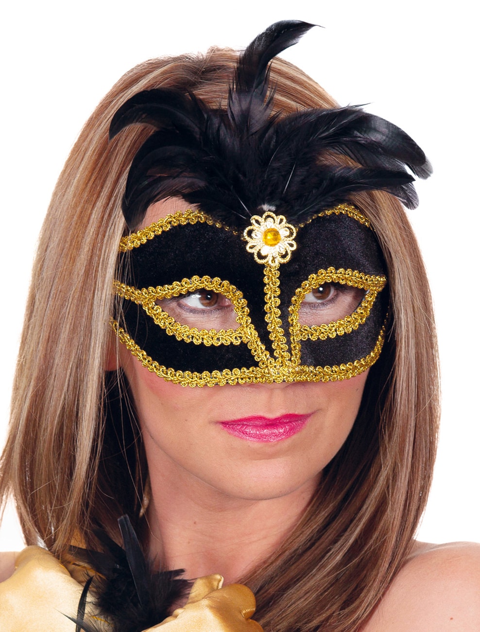 Augenmaske mit Federn schwarz/gold
