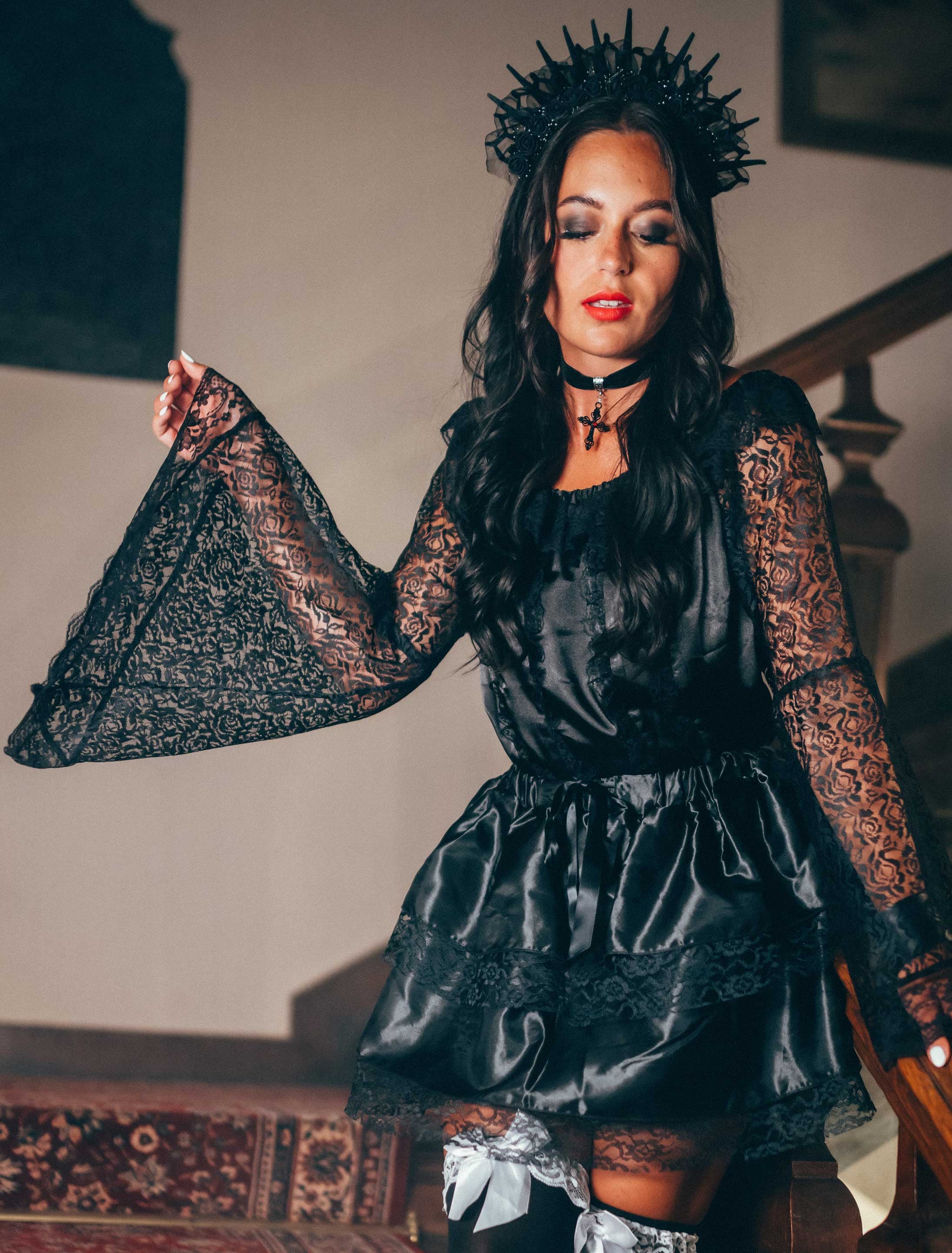 Bluse schulterfrei mit weiten Spitzenärmeln Damen schwarz S