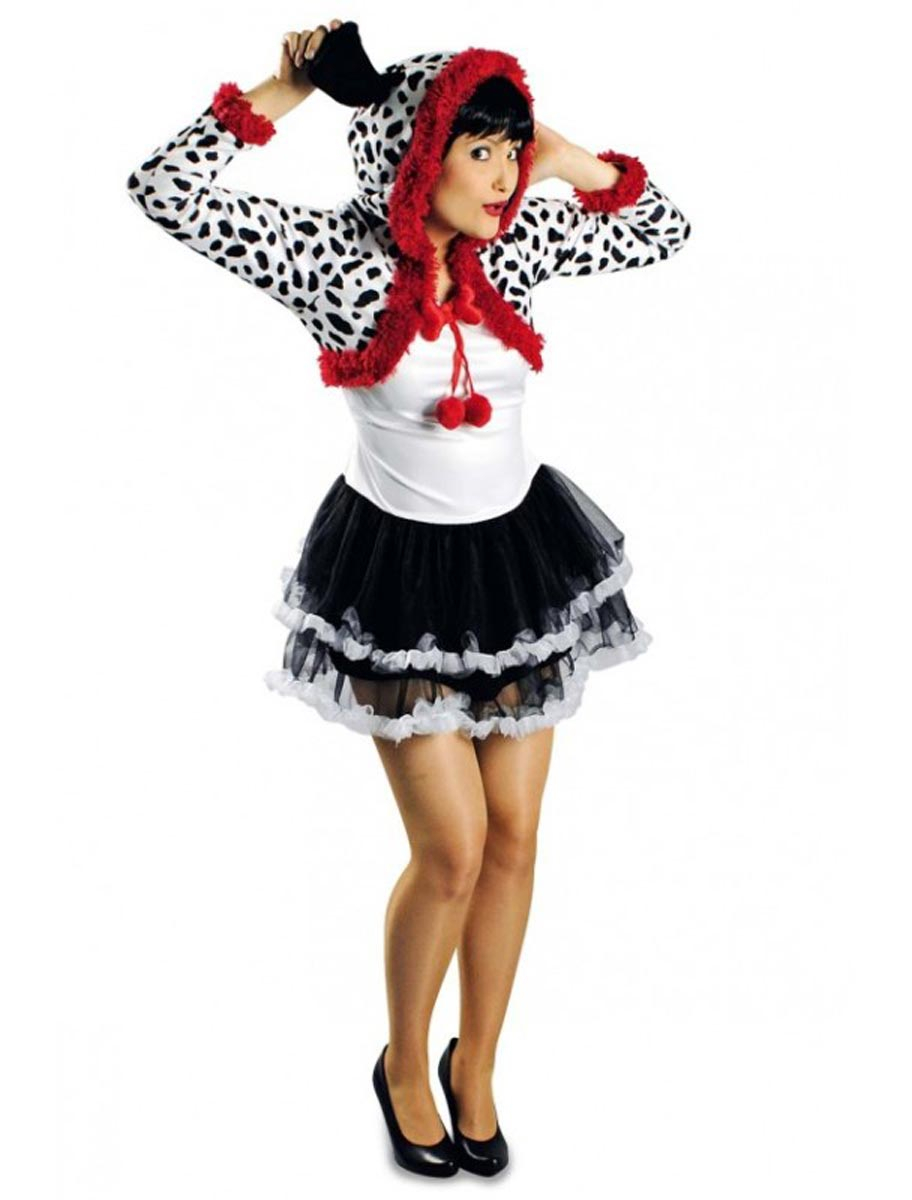 Kleid Dalmatiner mit Kapuze Damen schwarz/weiß/rot 36/38