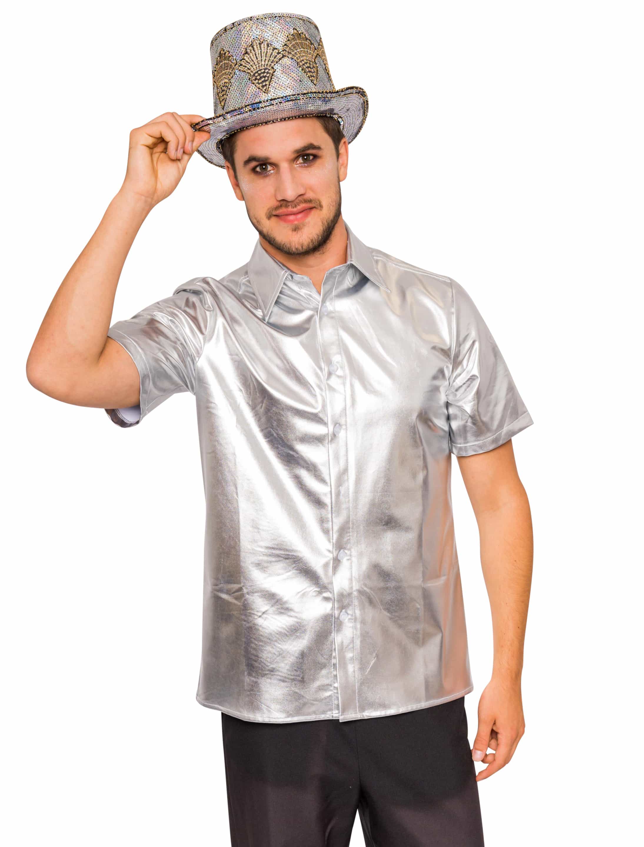 Hemd kurzarm metallic Herren silber 3XL