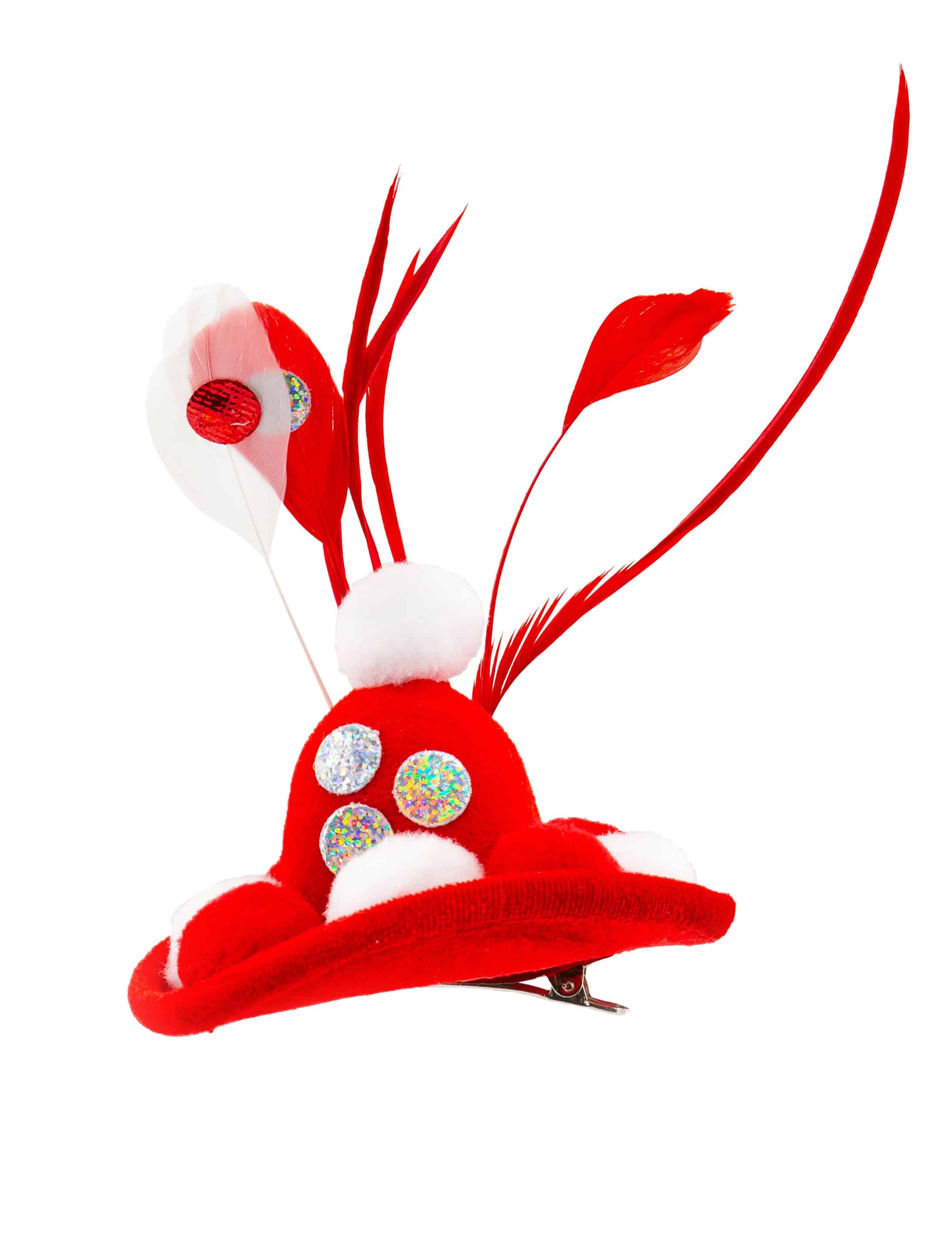 Minihut rot/weiß mit Pompons und Federn