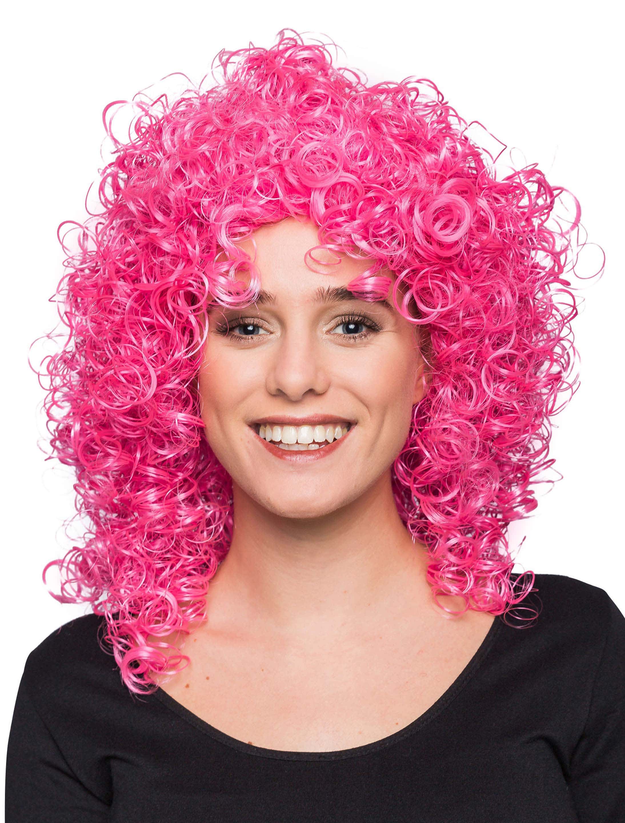 Perücke mittellang wilde Locken pink