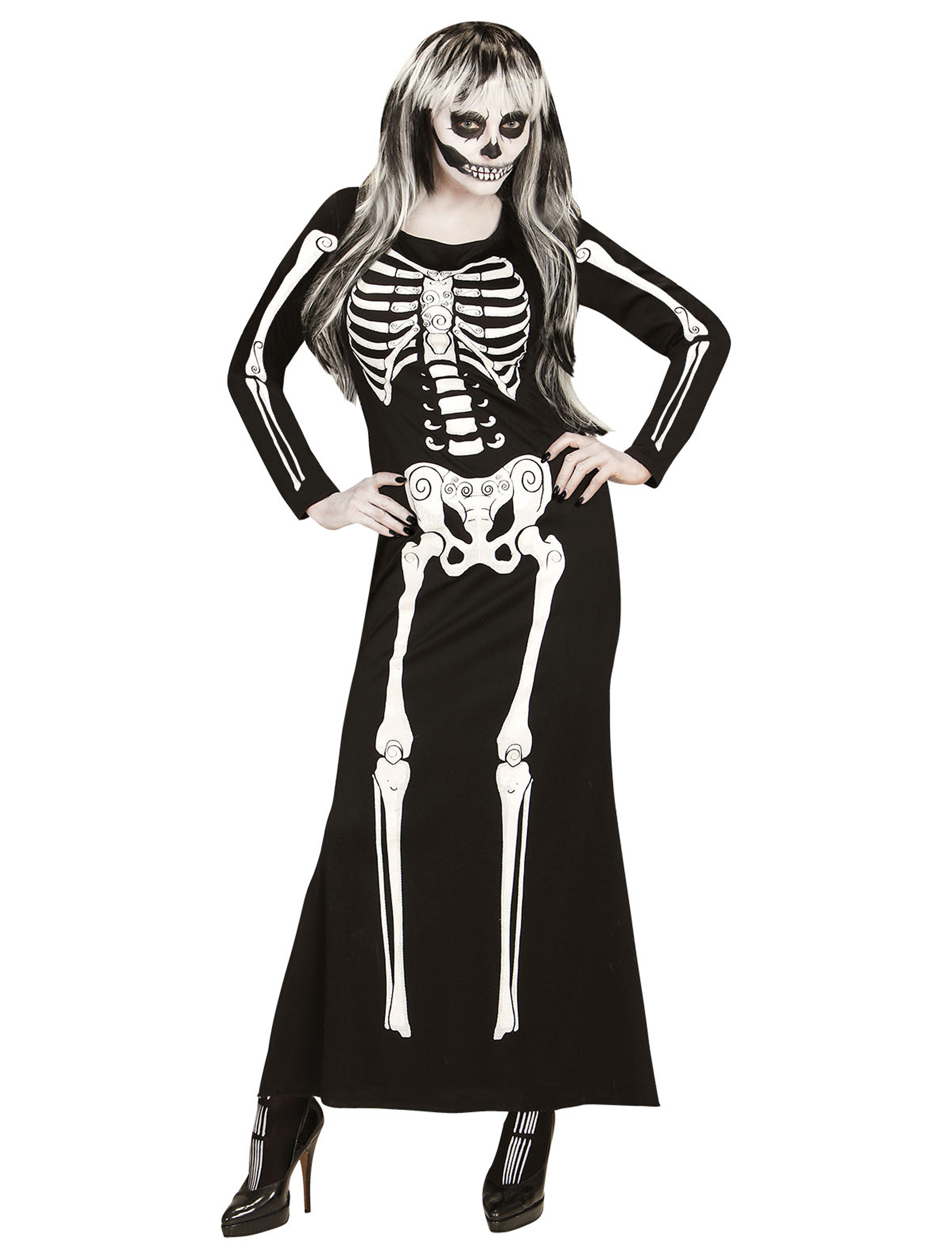 Kleid Skelett lang schwarz/weiß S