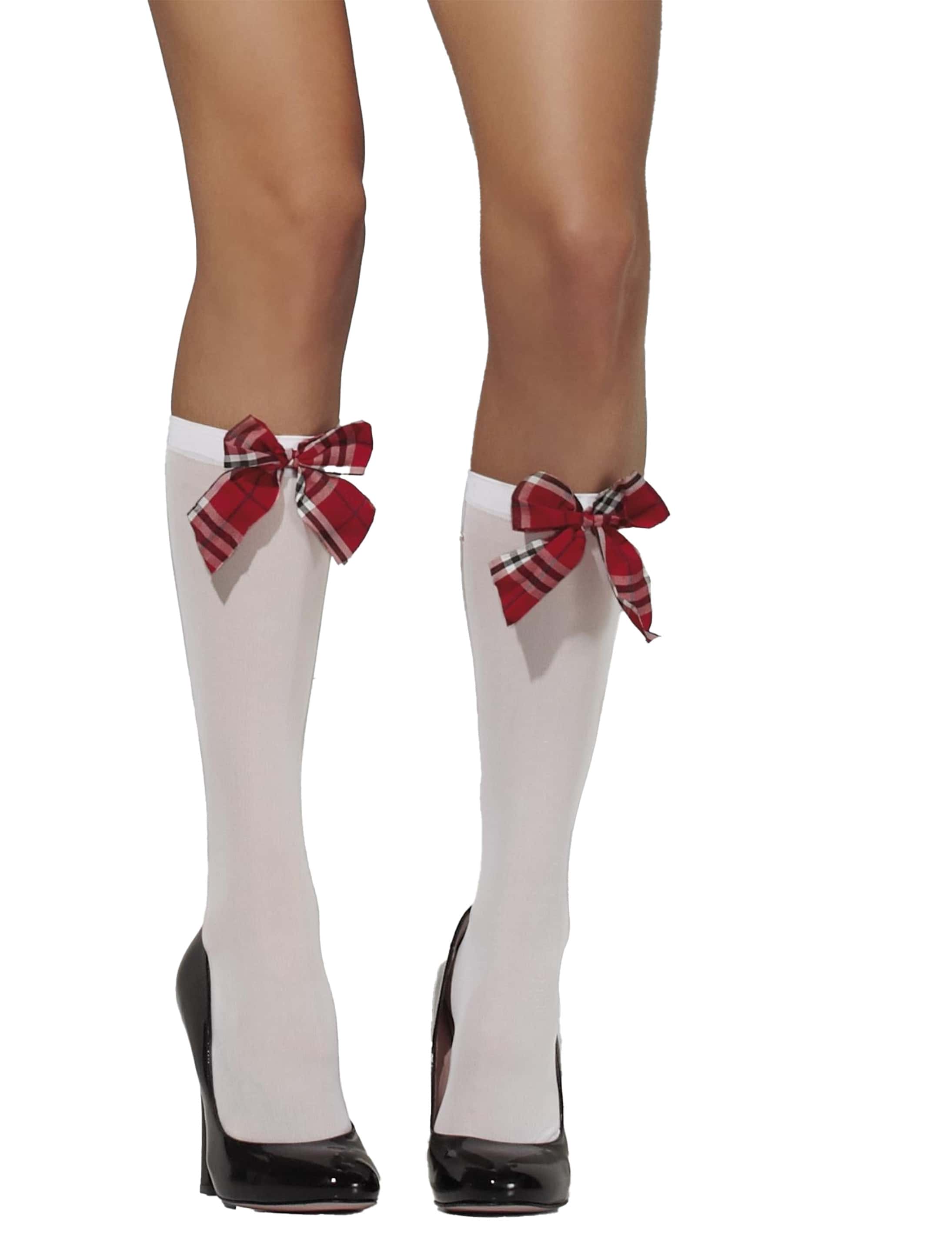 Kniestrümpfe mit Schleife Tartan Damen weiß/rot one size Kniestrümpfe mit Schleife Tartan Damen weiß/rot one size