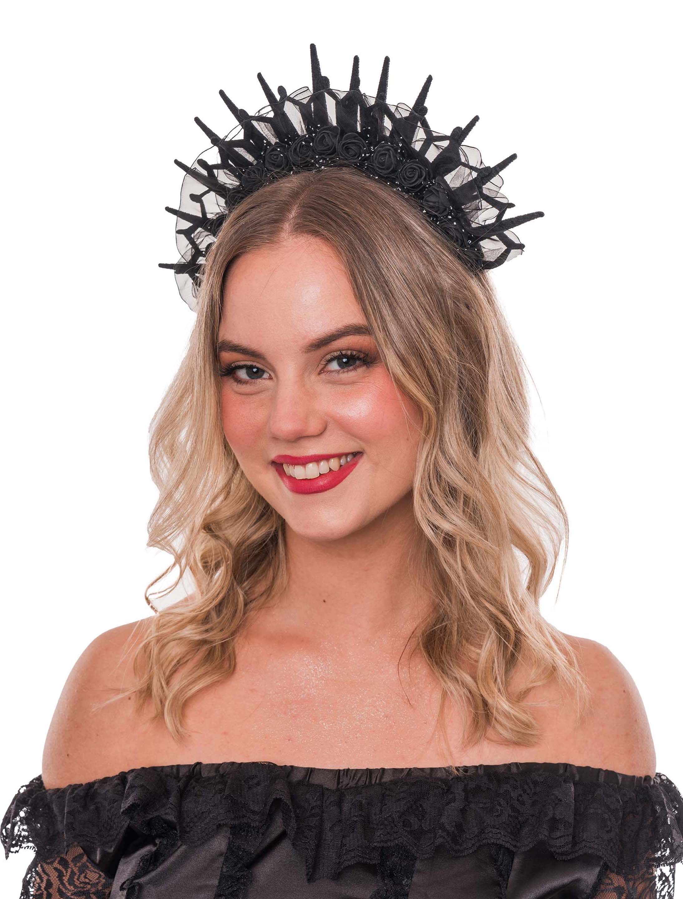 Haarreif Gothic mit Tüll und Blumen schwarz