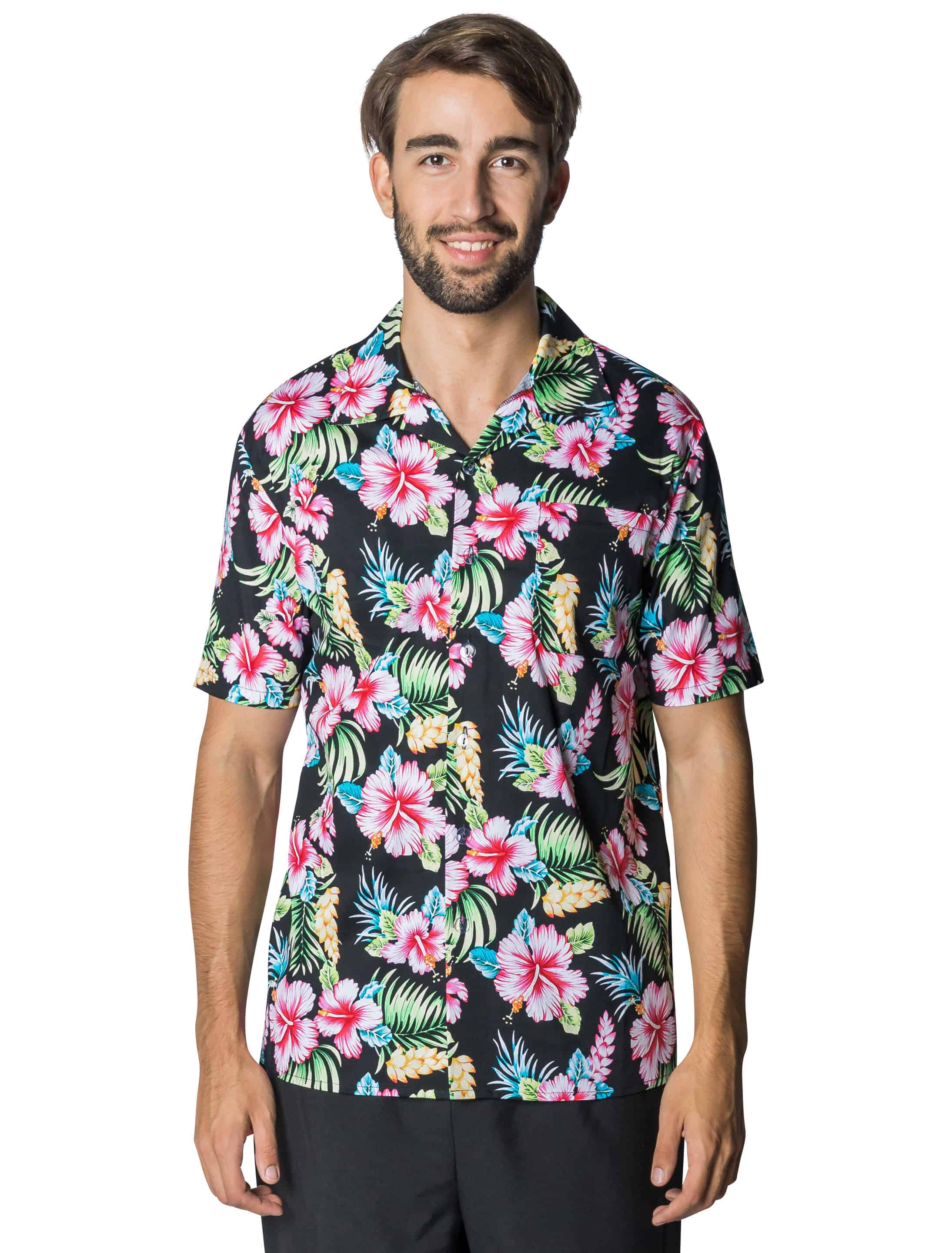 Hemd Hawaii mit Hibiskusblüten schwarz 4XL/5XL