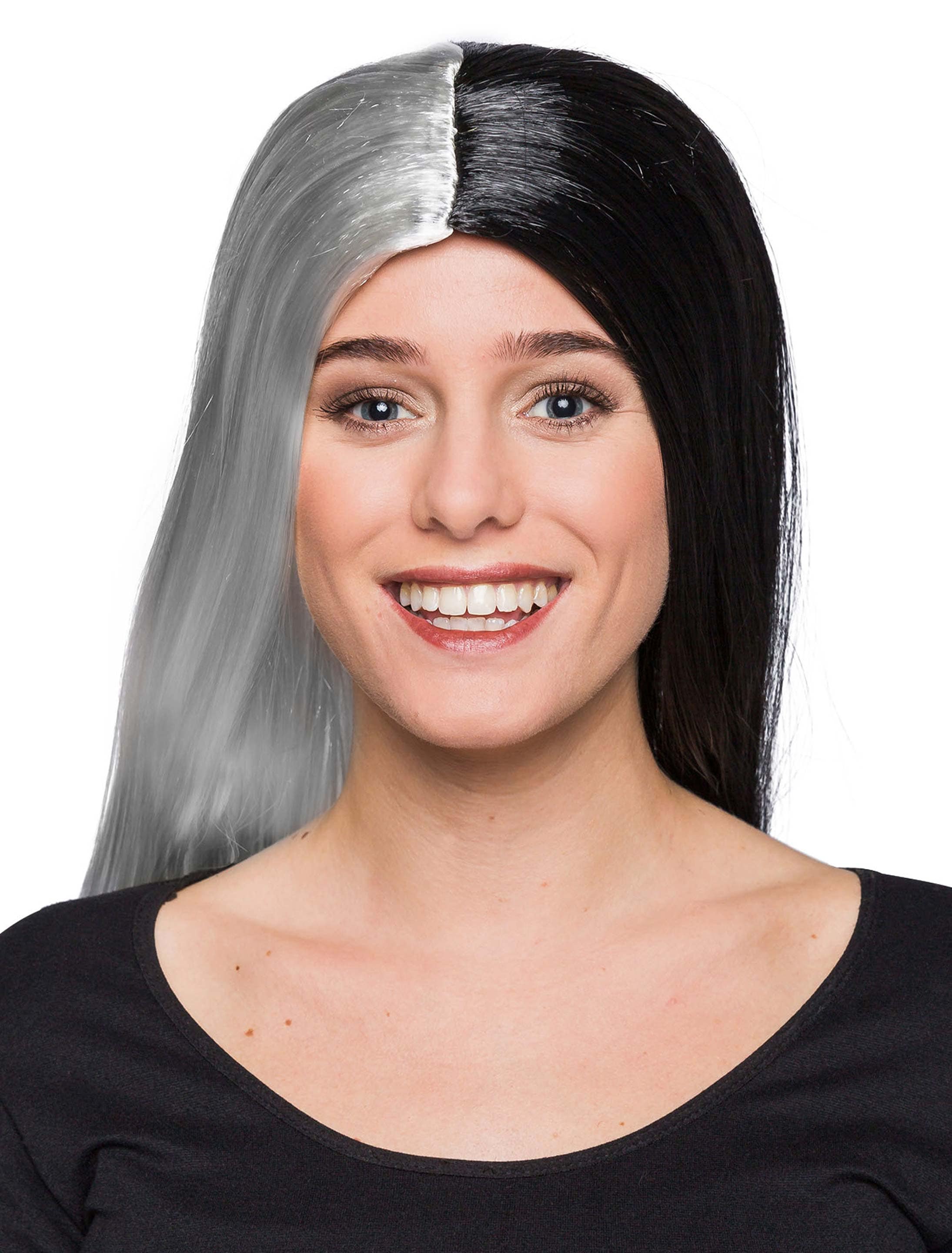 Perücke lang glatt zweifarbig schwarz/weiß Perücke lang glatt zweifarbig schwarz/weiß