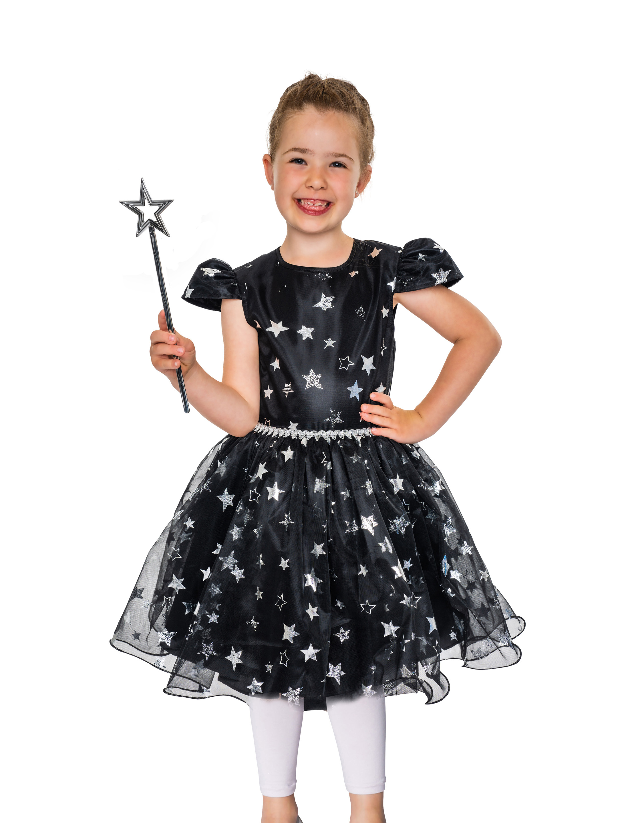 Kleid Hexe mit Sternen silber schwarz 140