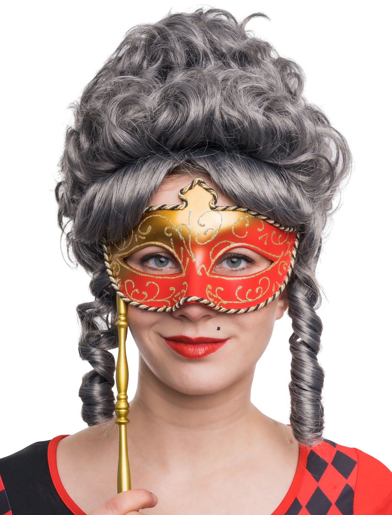 Augenmaske mit Stab zweifarbig rot/gold