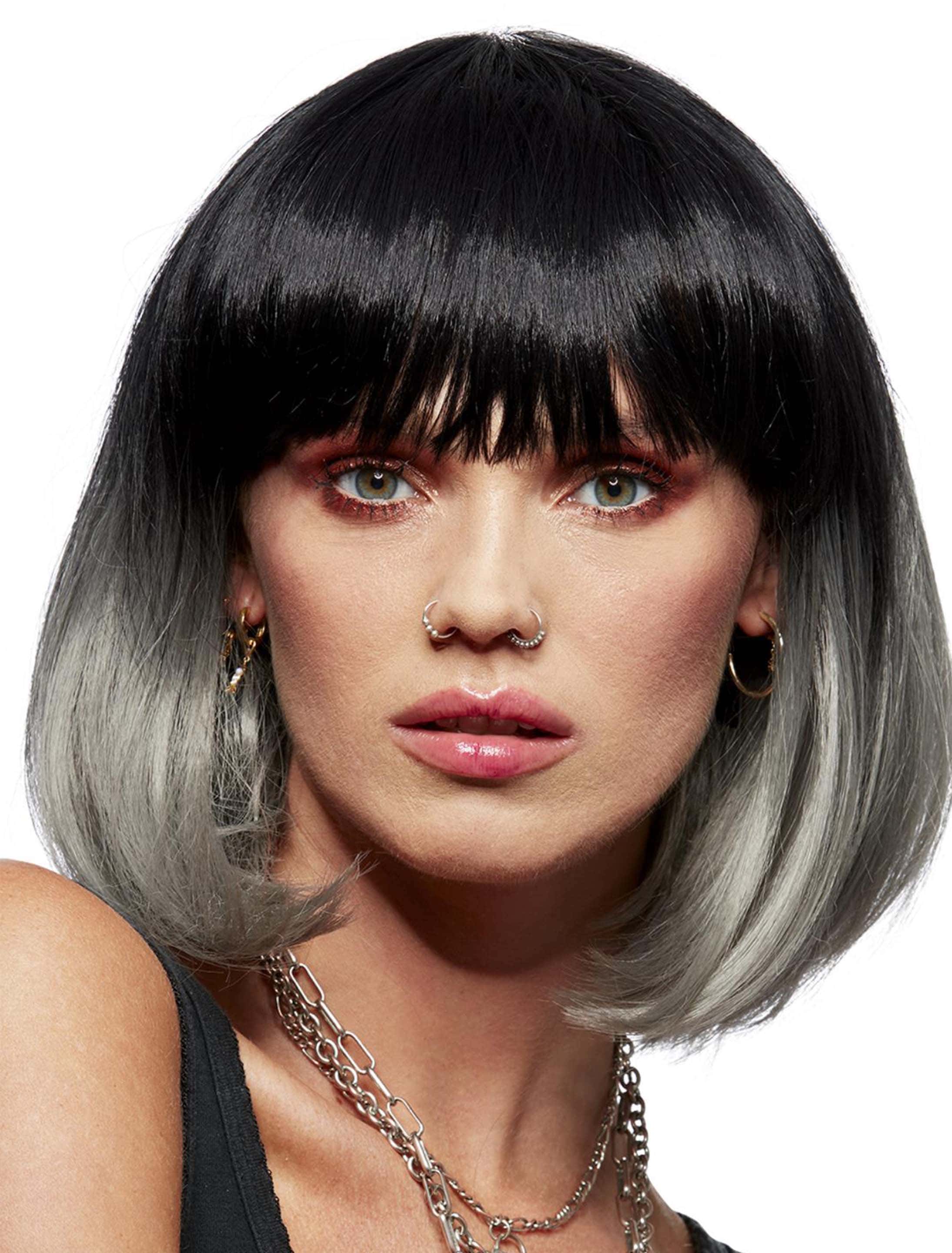 Perücke Bob mit Pony schwarz/grau Perücke Bob mit Pony schwarz/grau