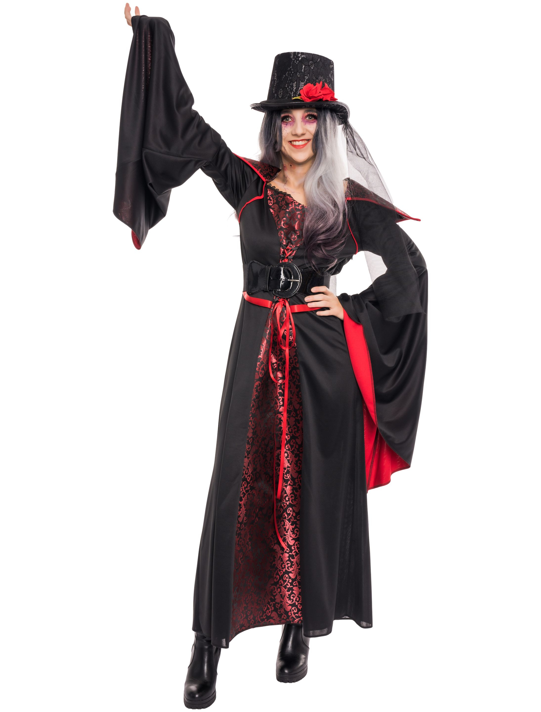 Kleid Vampir mit Kragen Damen schwarz/rot 3XL