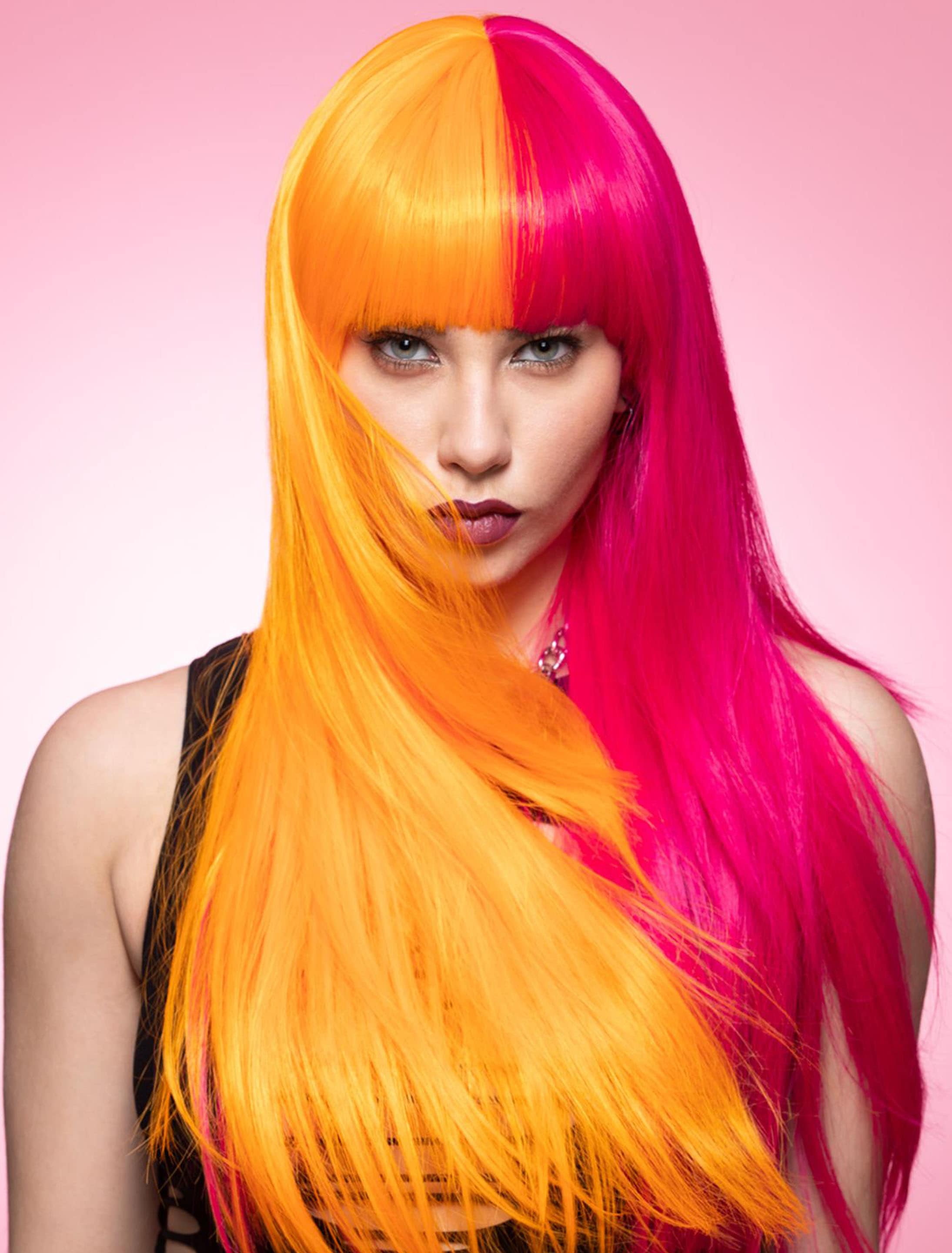 Perücke Langhaar glatt mit Pony pink/orange