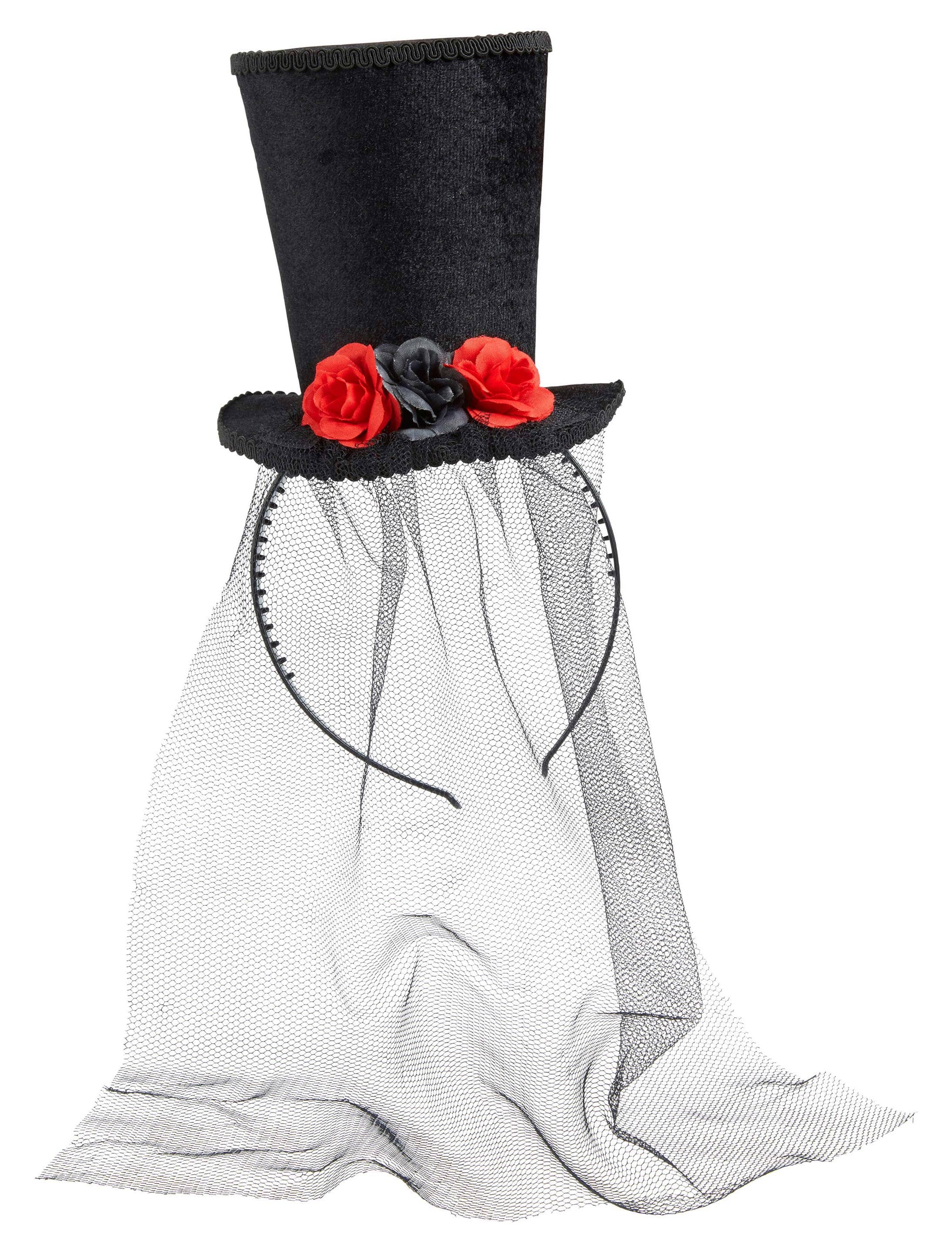 Haarreif Mini Zylinder mit roten Blumen schwarz