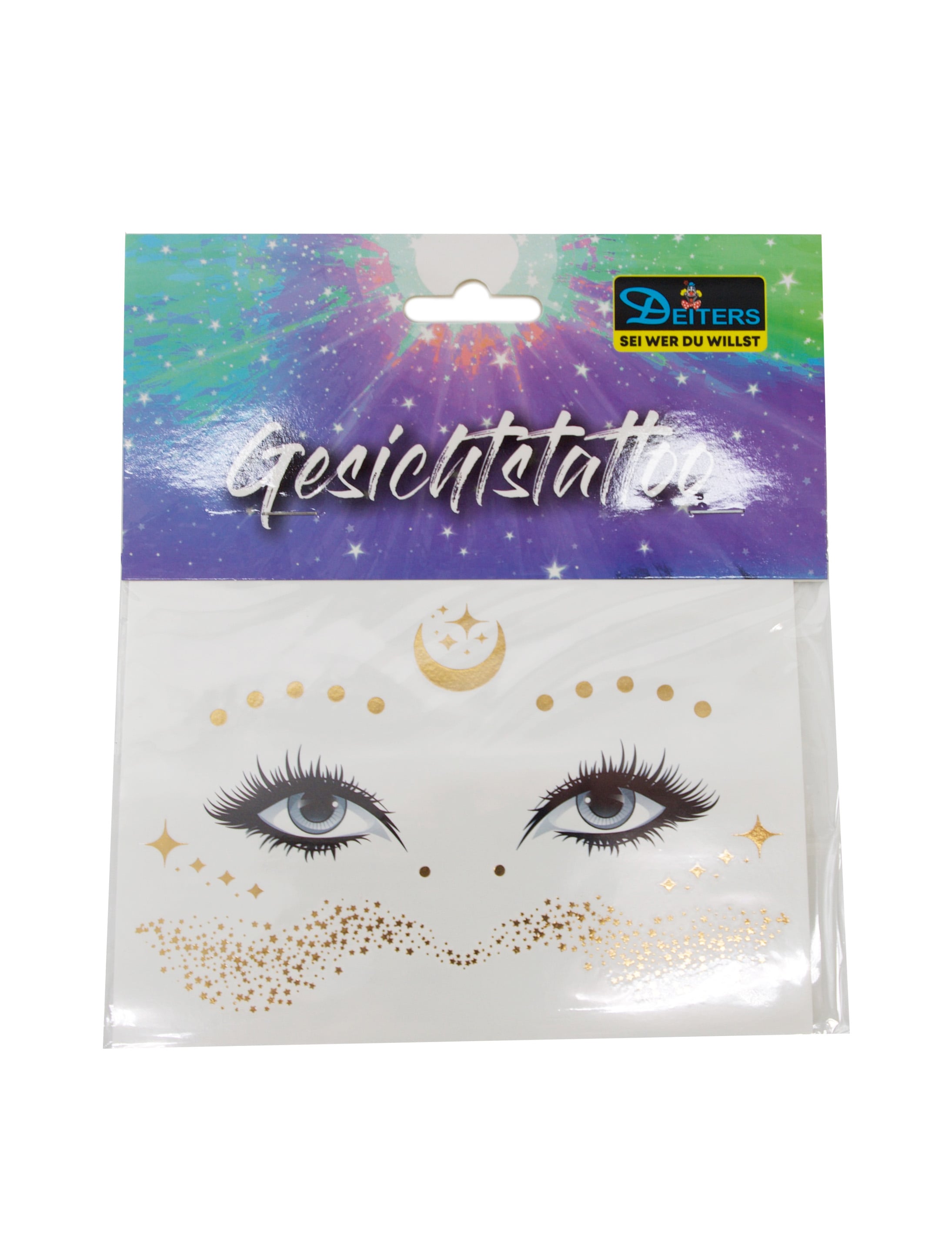 Gesichtstattoo Sommersprossen Sterne und Mond Metallic gold