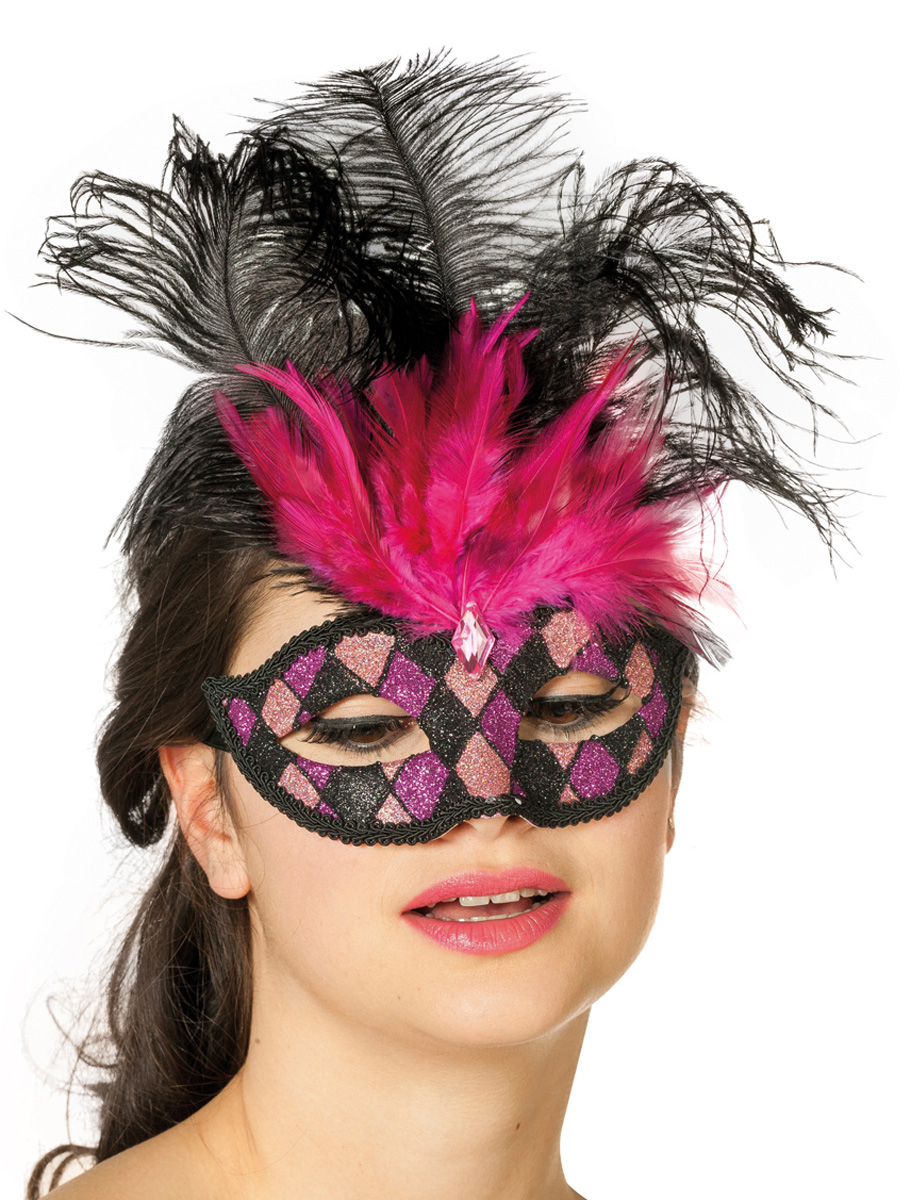 Maske Venedig mit Federn kariert schwarz/pink