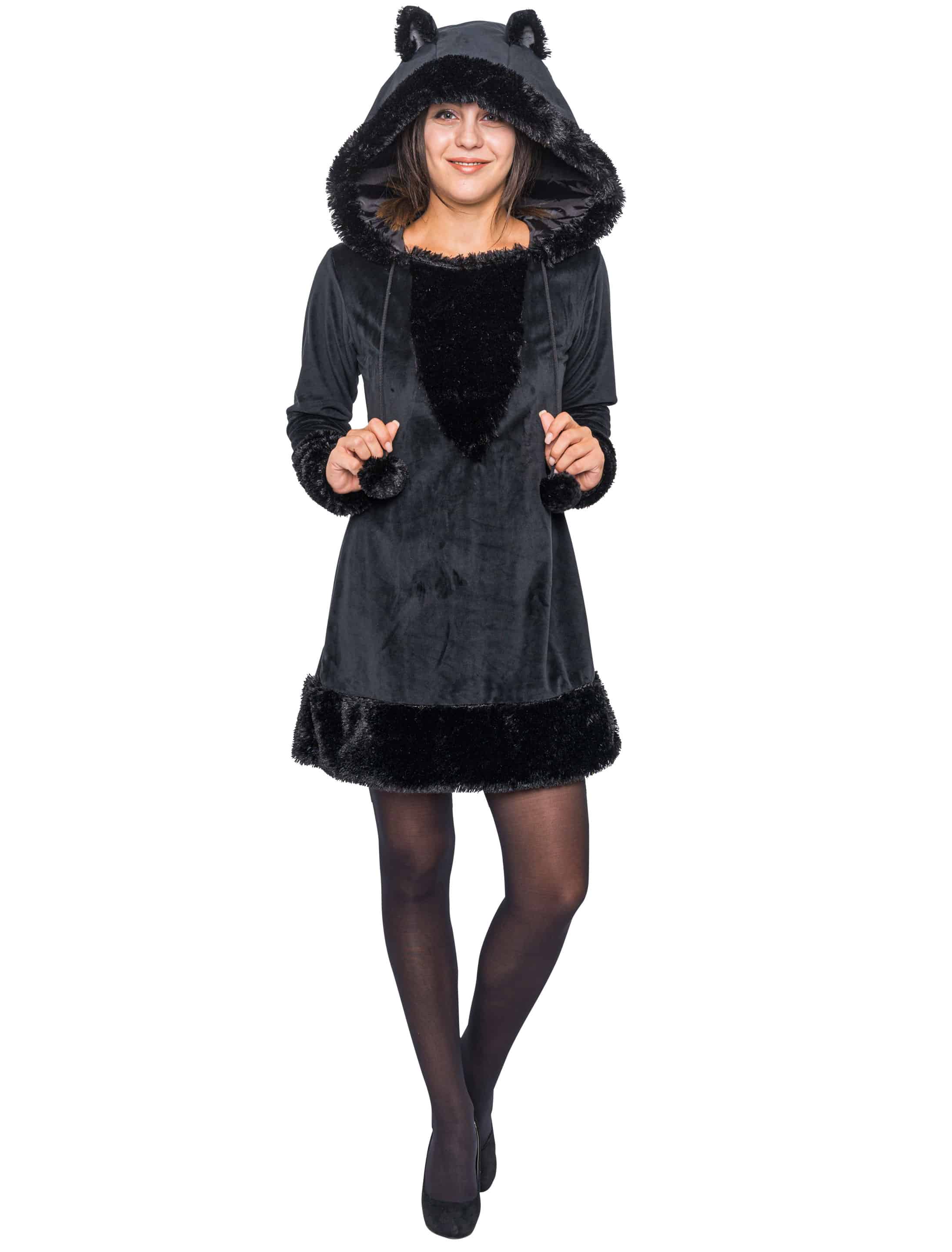 Kleid Plüsch Katze Damen schwarz 36