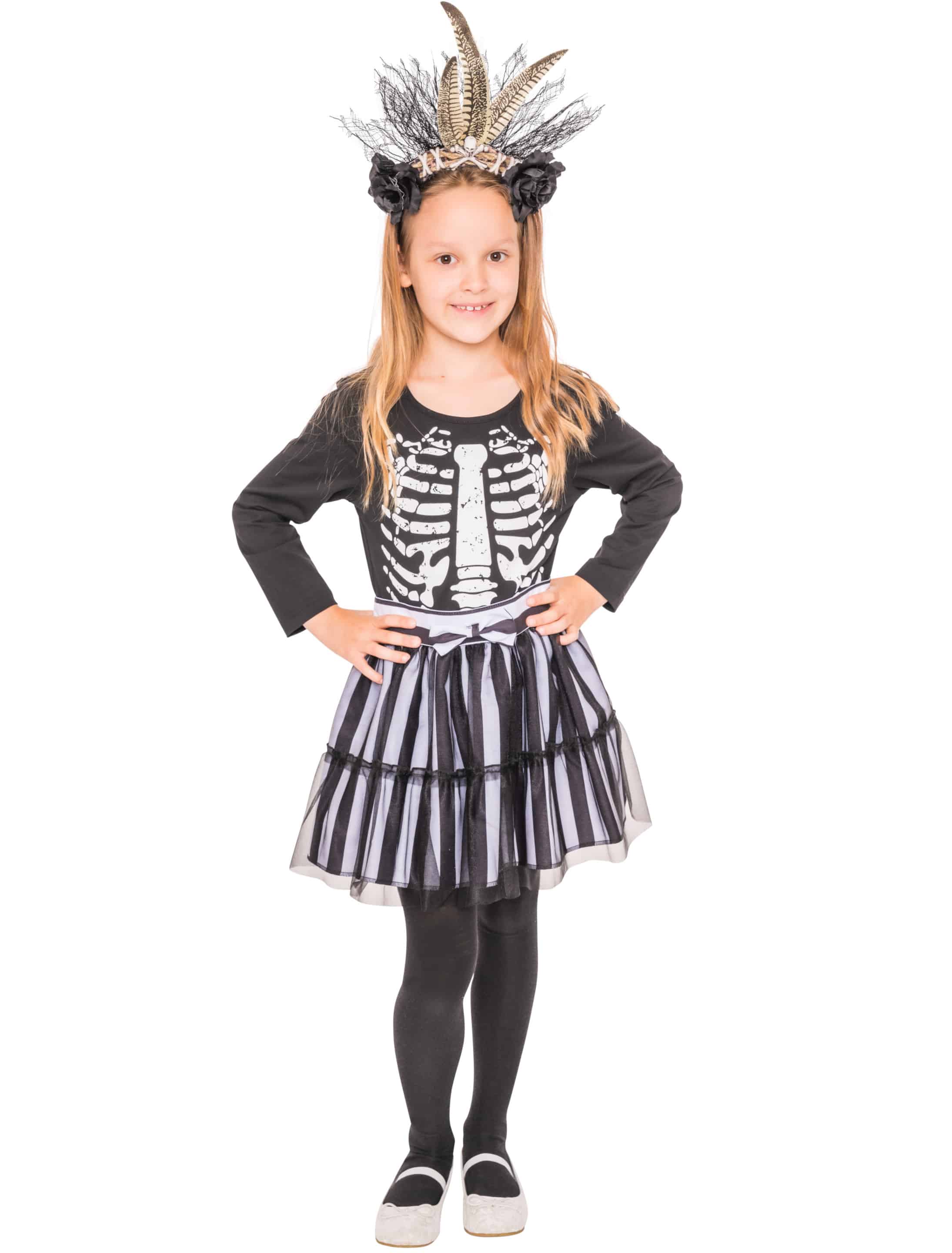 Kleid Kinder mit Skelett schwarz/weiß 128