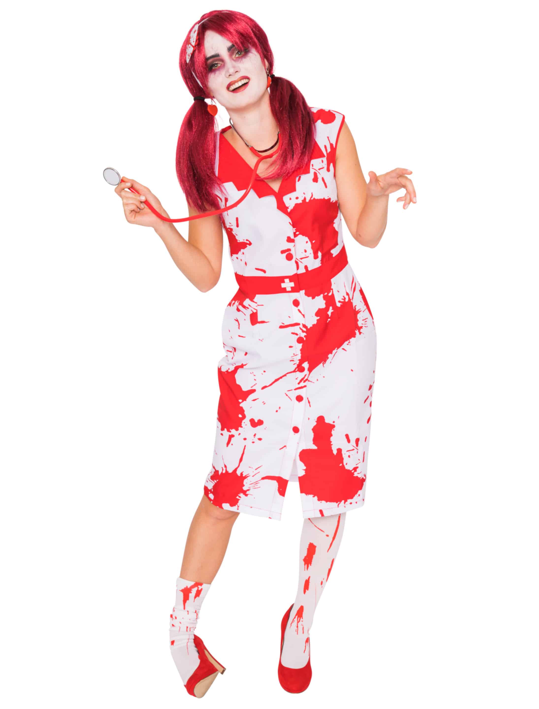 Kleid Krankenschwester Zombie Damen rot/weiß L