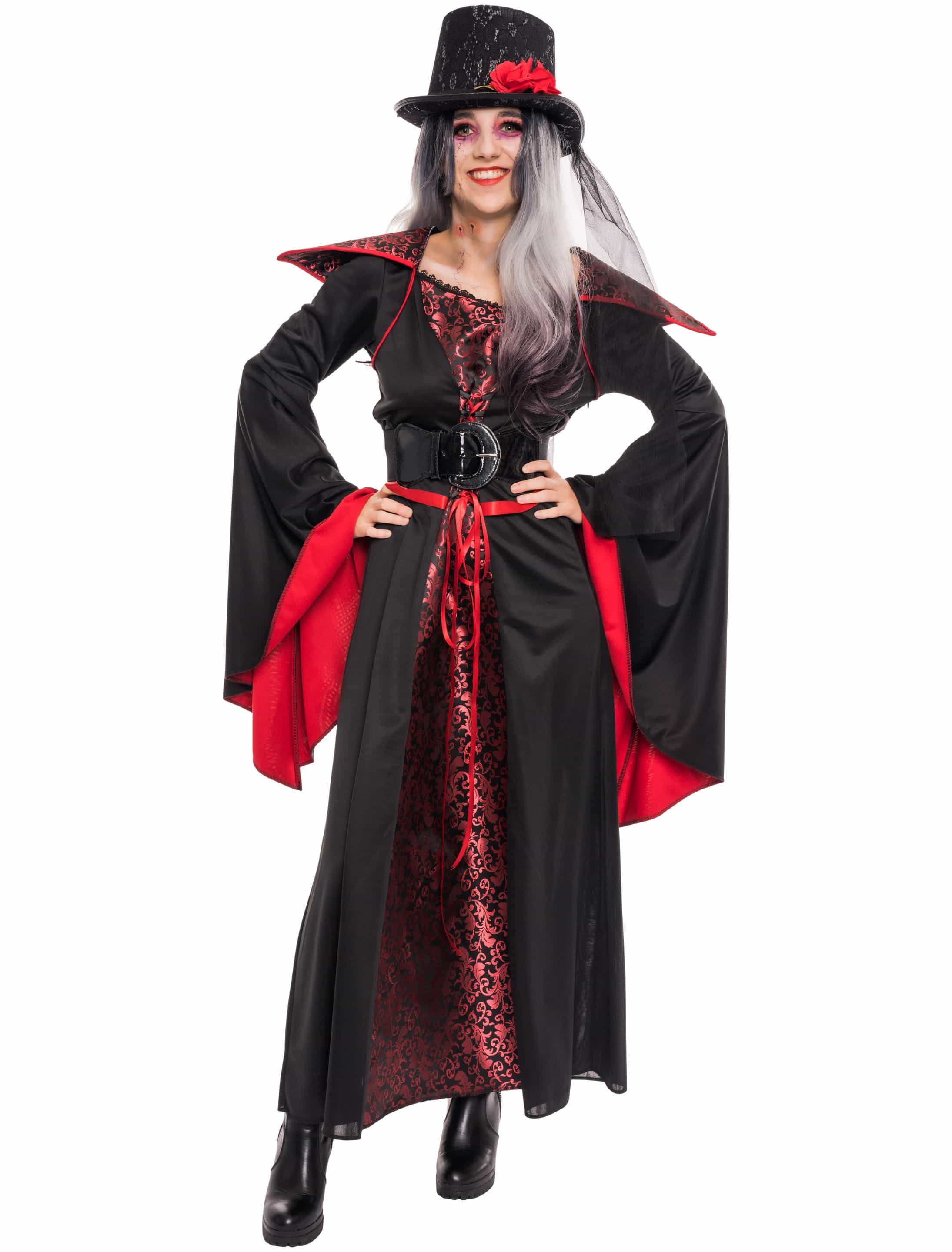 Kleid Vampir mit Kragen Damen schwarz/rot 2XL