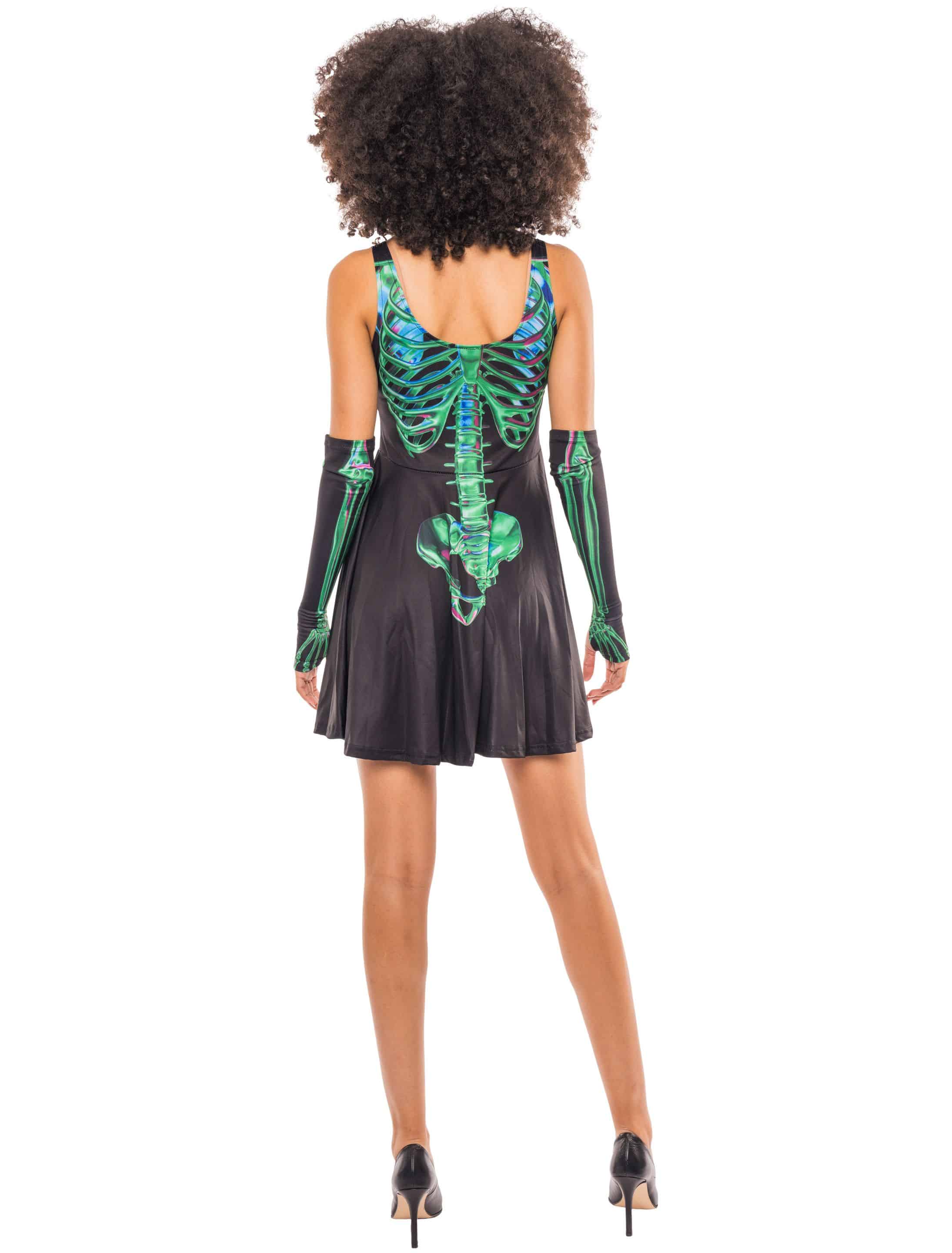 Trägerkleid Skelett mit Armstulpen Damen schwarz/grün L/XL