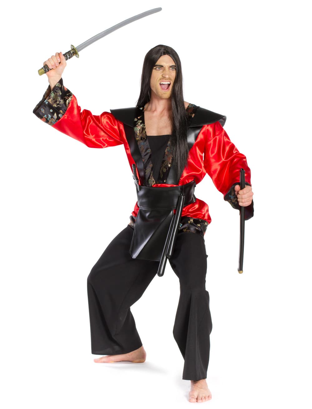 Ninja Kostüm Herren schwarz/rot 2XL