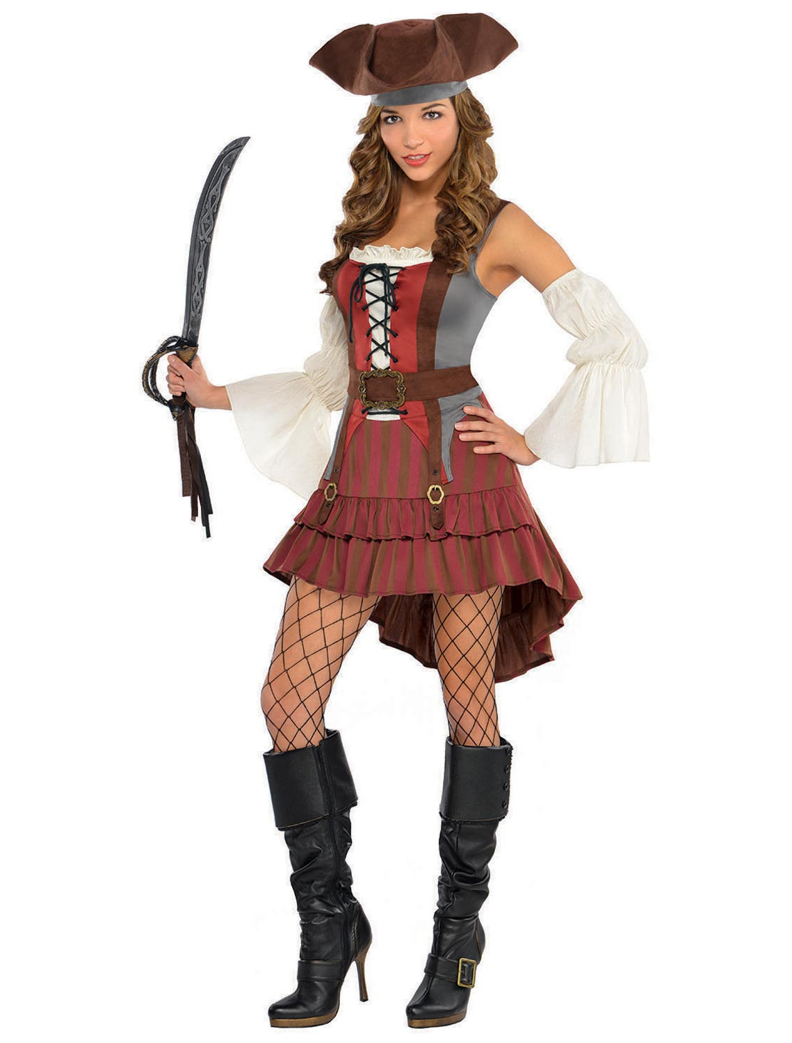 Kleid Piratin 3-tlg. Damen rot/braun M/L