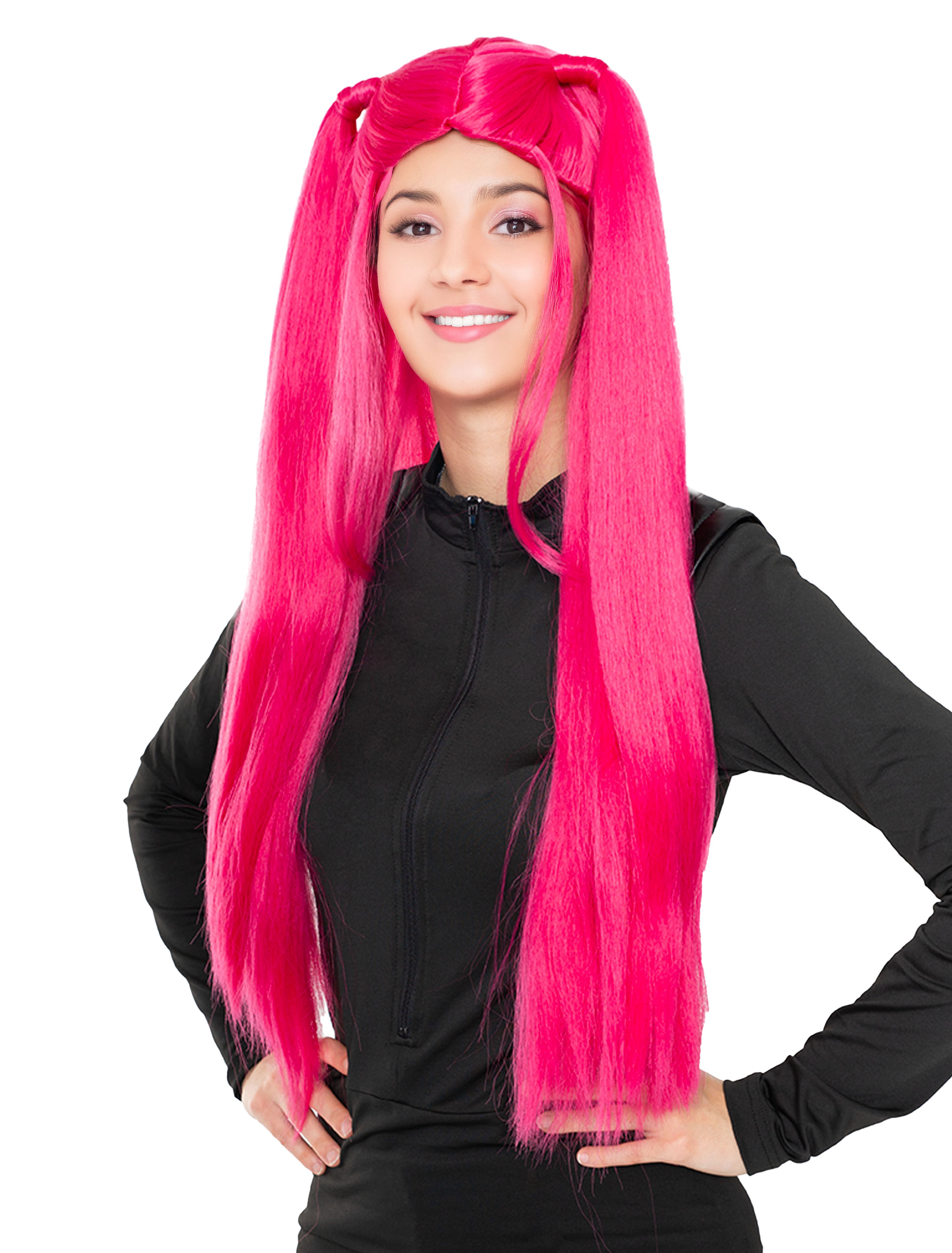 Perücke Langhaar glatt mit Zöpfchen Damen pink