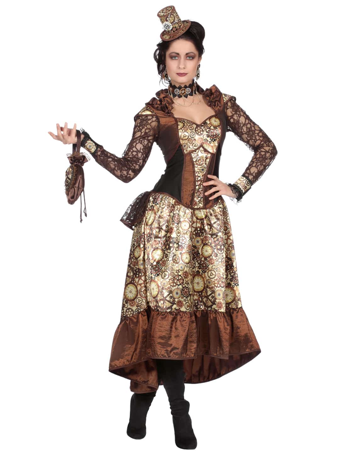 Kleid Steampunk Damen lang braun 38