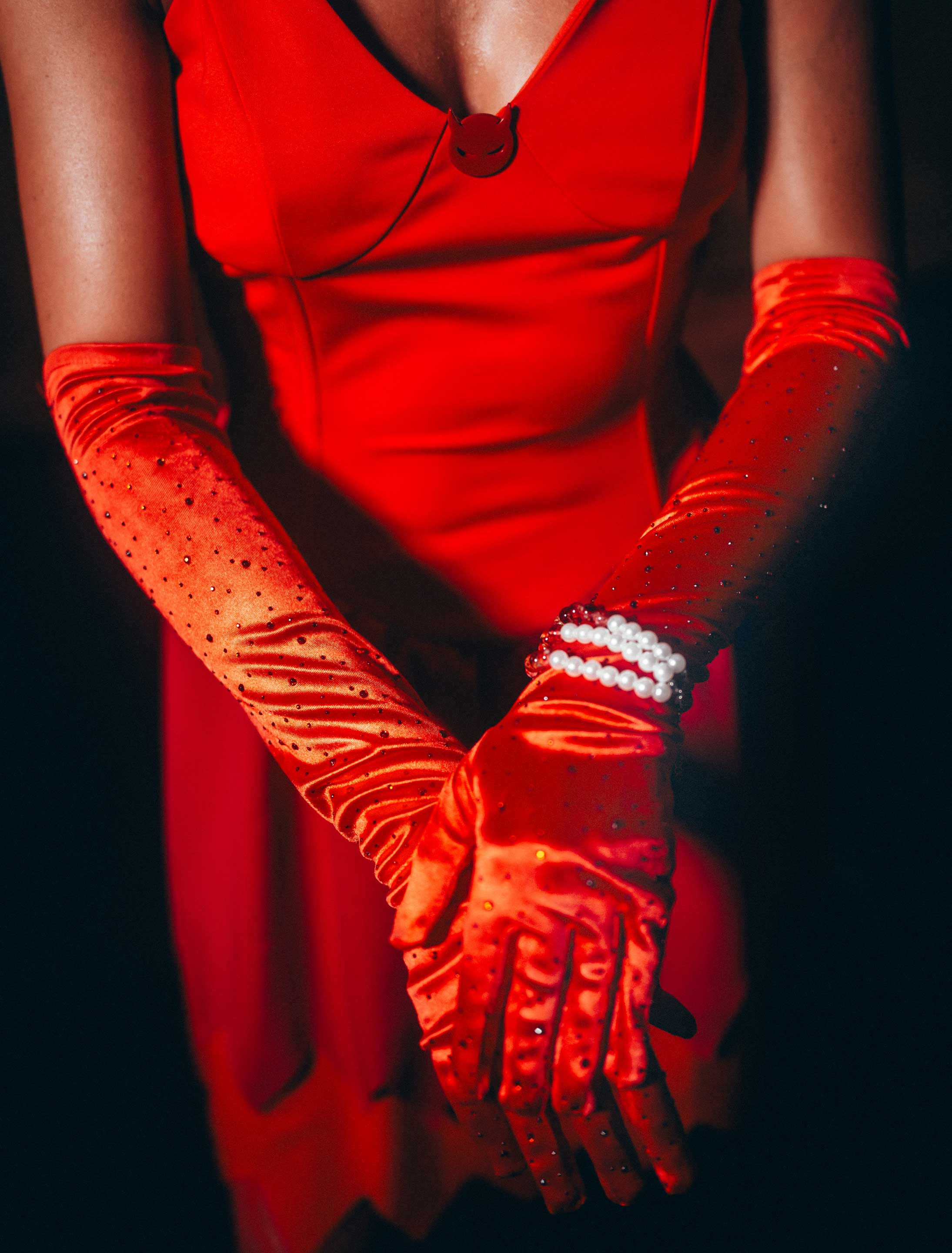 Handschuhe Satin mit Strass 50cm rot