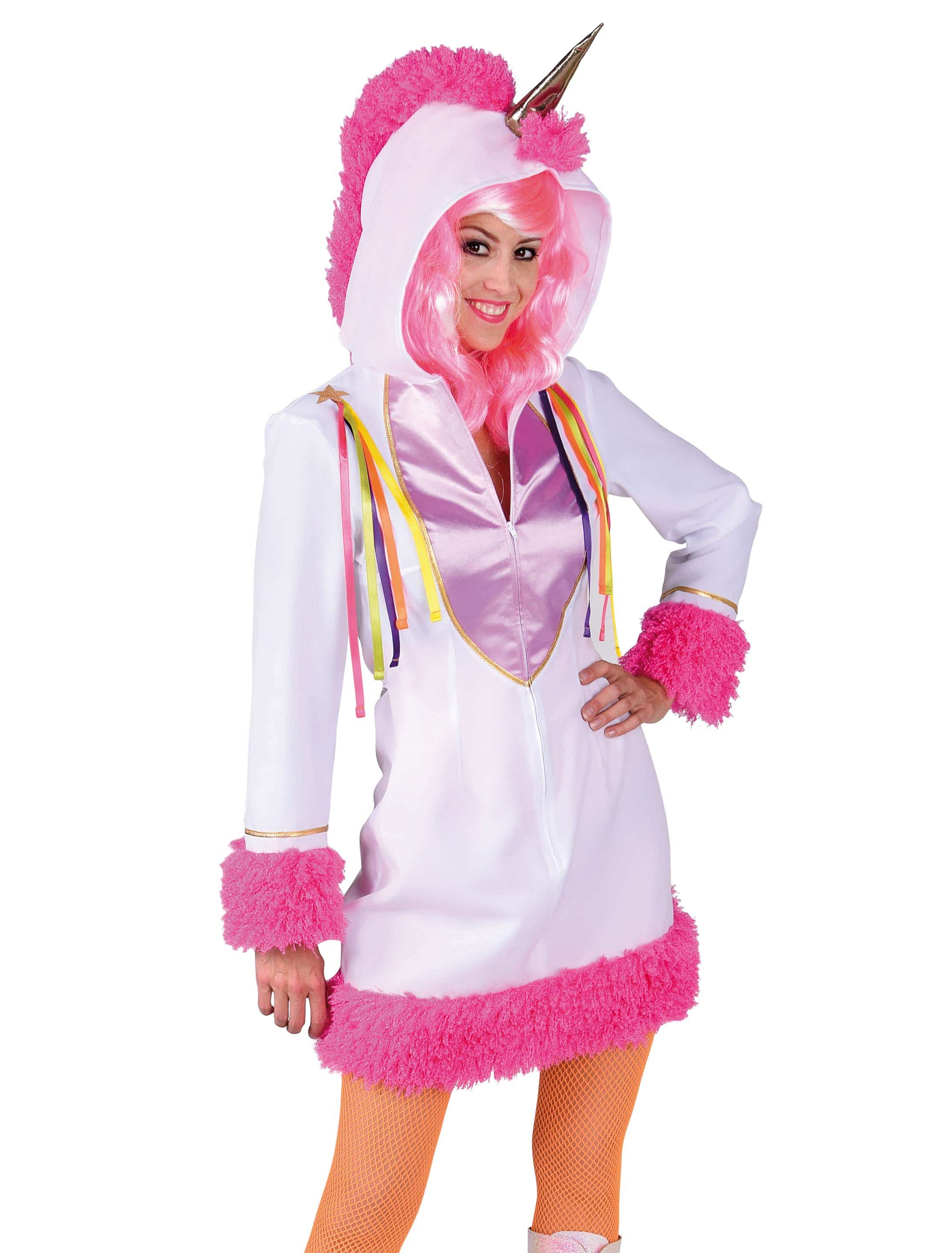 Kleid Einhorn mit Kapuze Damen pink/weiß M