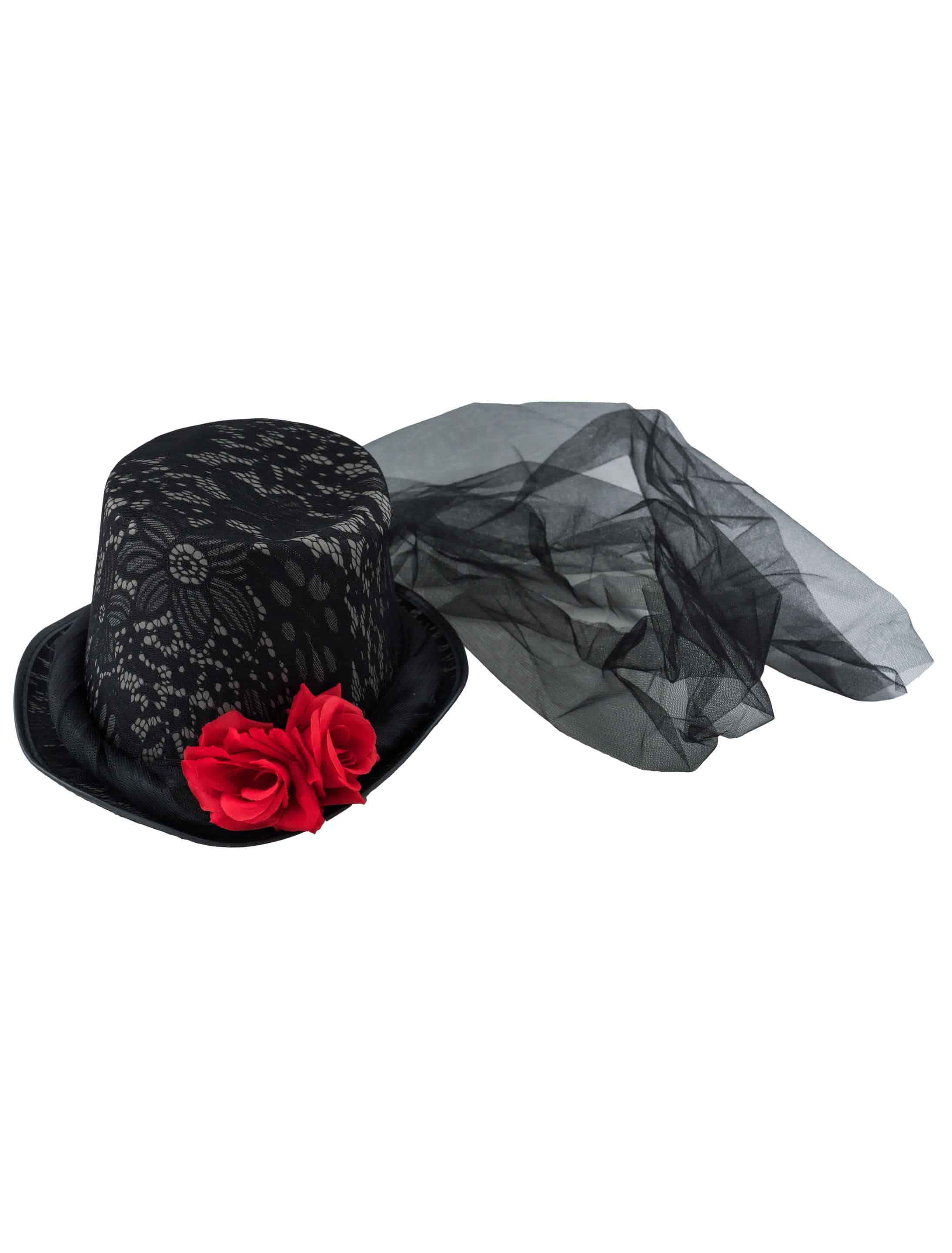 Zylinder Schleier und Rosen Damen schwarz 60