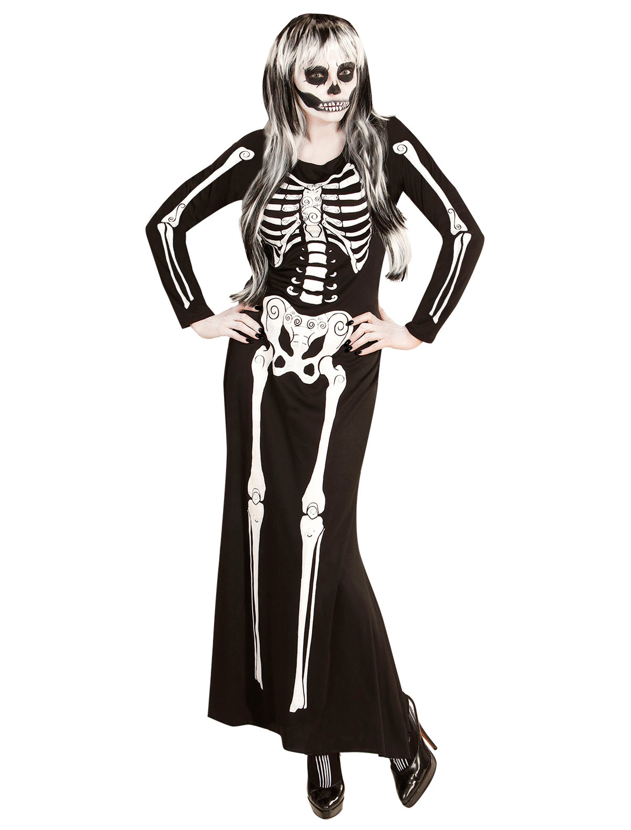 Kleid Skelett lang schwarz/weiß S