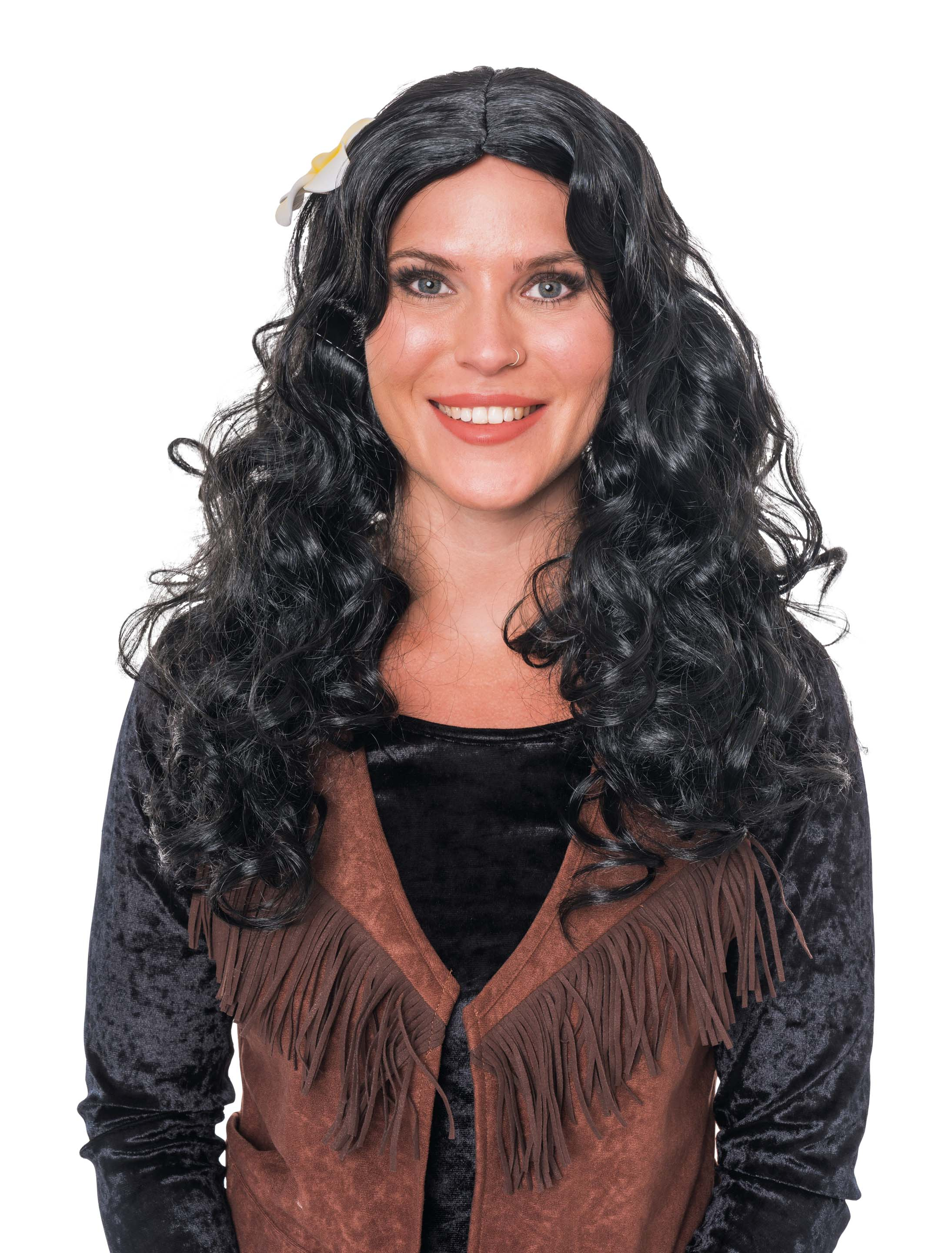 Perücke Langhaar lockig mit Blüte schwarz