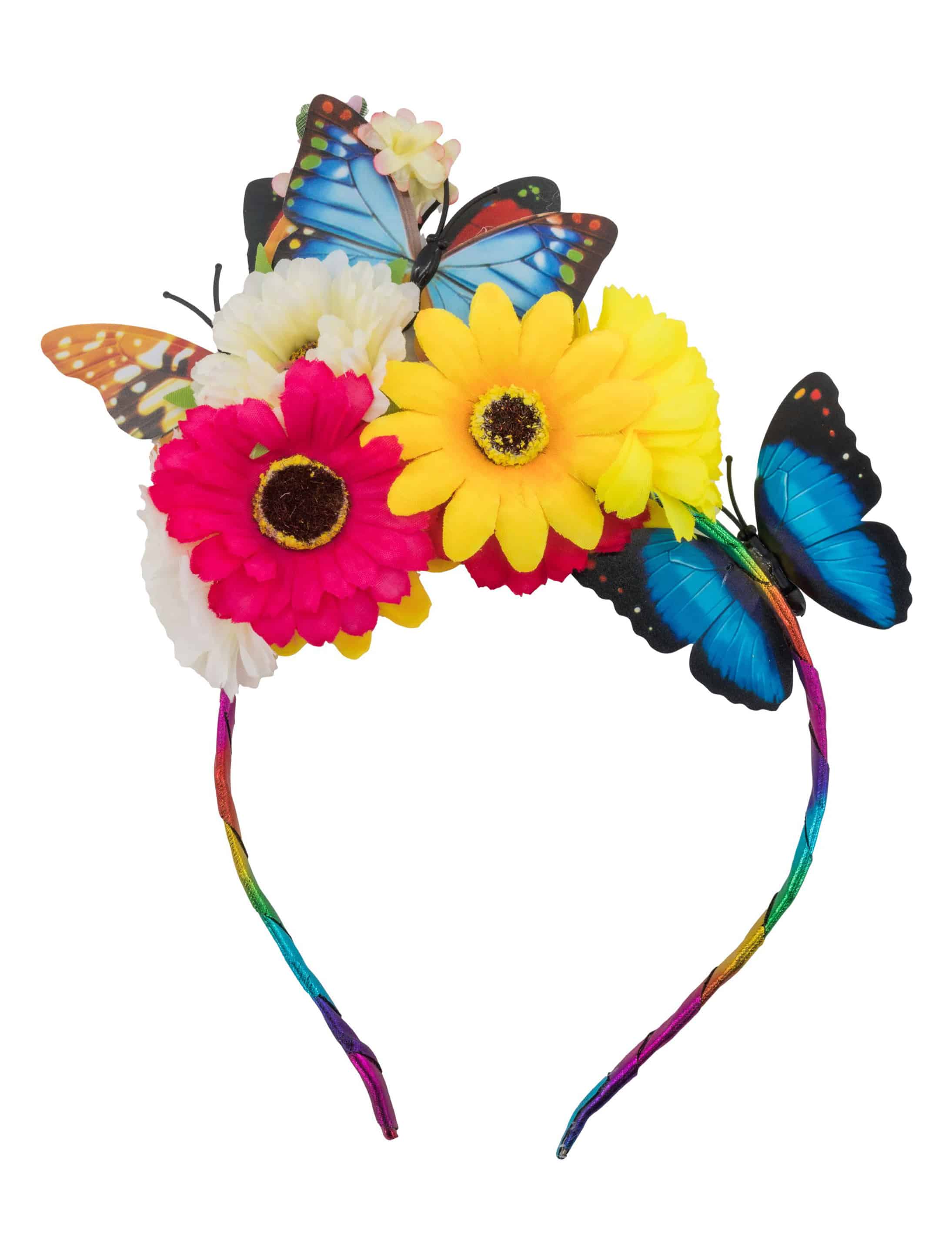 Haarreif mit Blumen und Schmetterlingen bunt