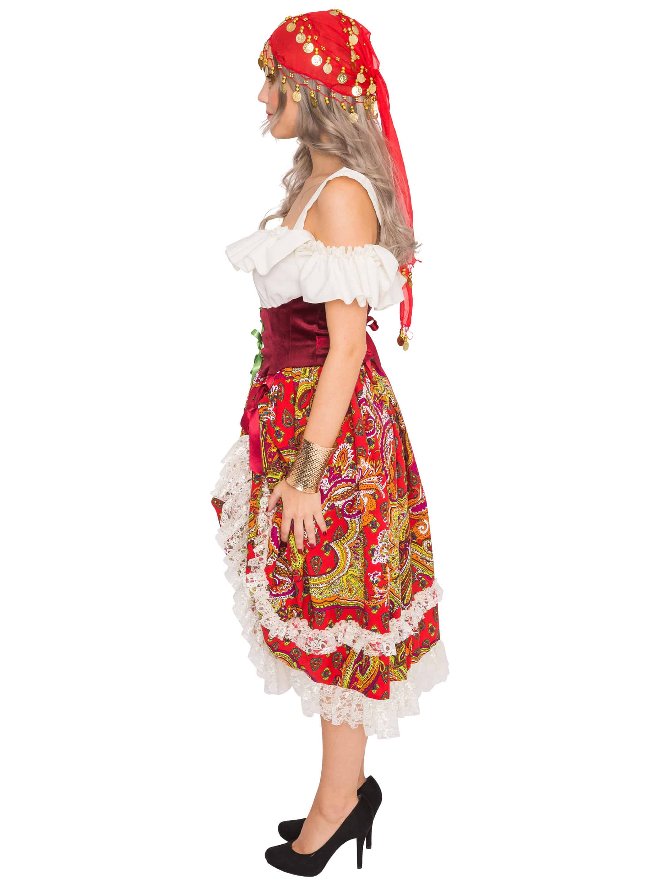 Kleid lang Wahrsagerin Queen rot/weiß S