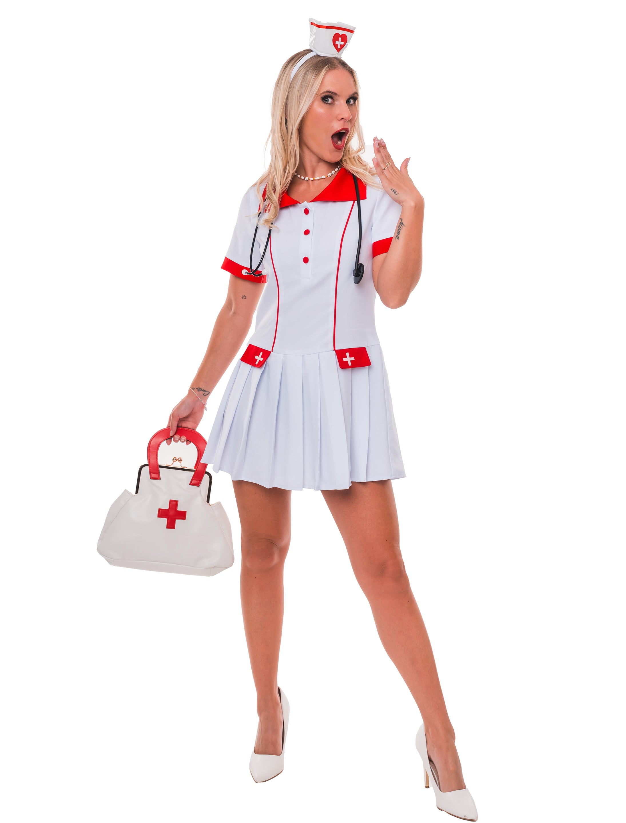 Kleid Krankenschwester sexy Damen weiß/rot S/M