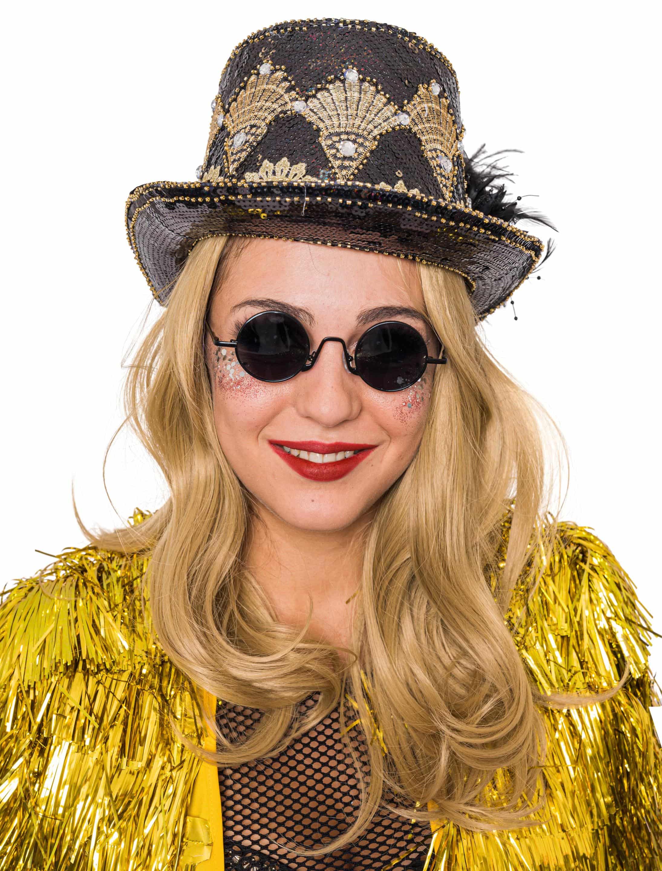 Zylinder Pailletten schwarz/gold mit Feder deluxe