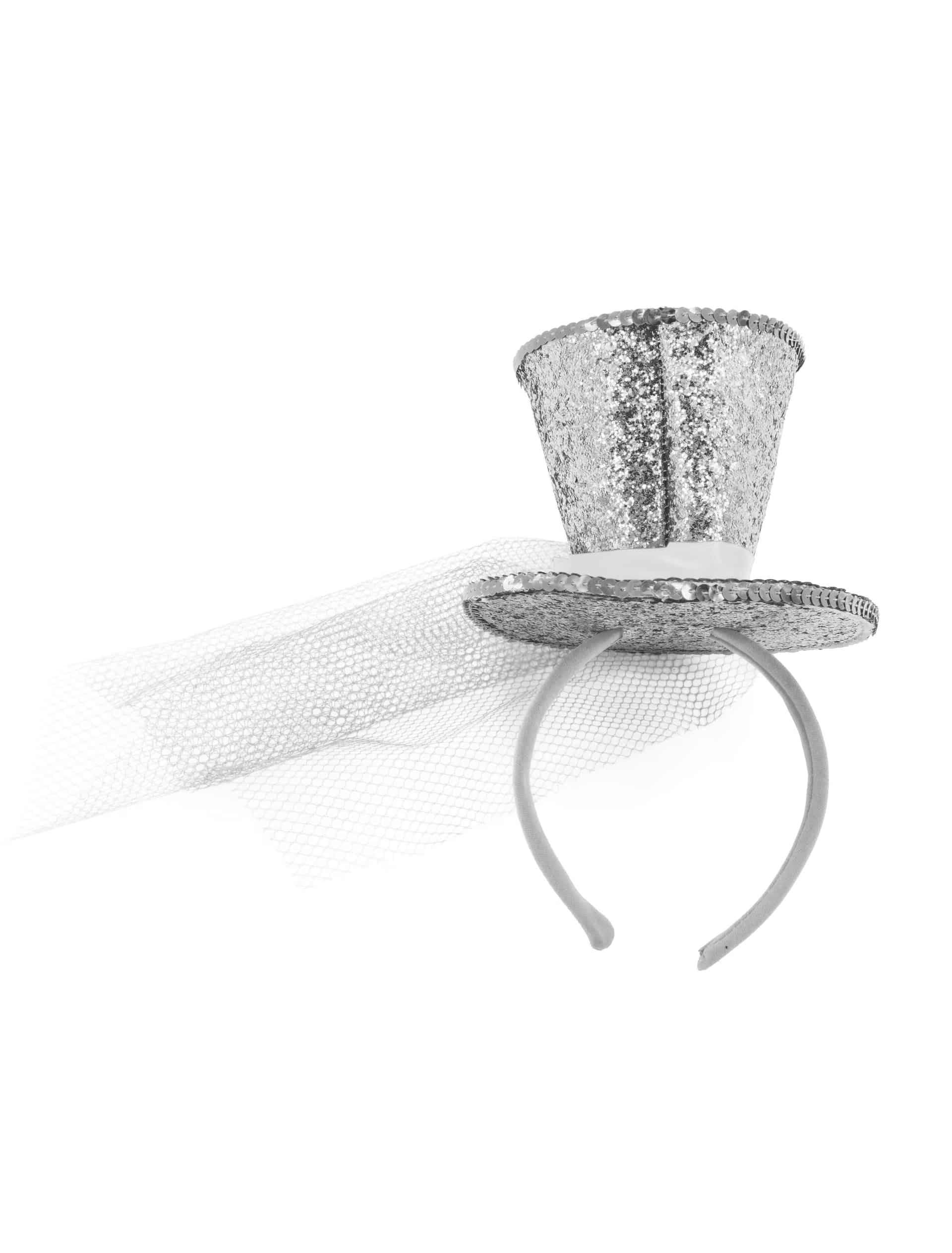 Haarreif Mini Zylinder Schleier silber Haarreif Mini Zylinder Schleier silber